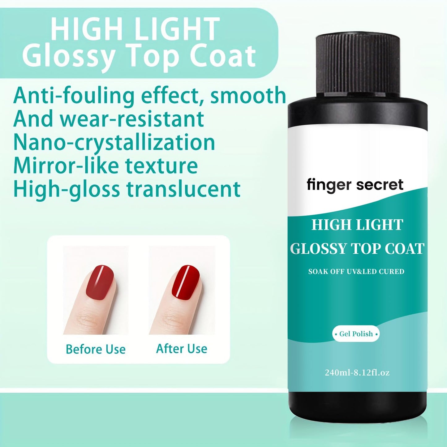 High Light Glossy Top Coat, 240ml/8fl.oz, Gel Polish Nail Polish for Nail Art Manicure DIY