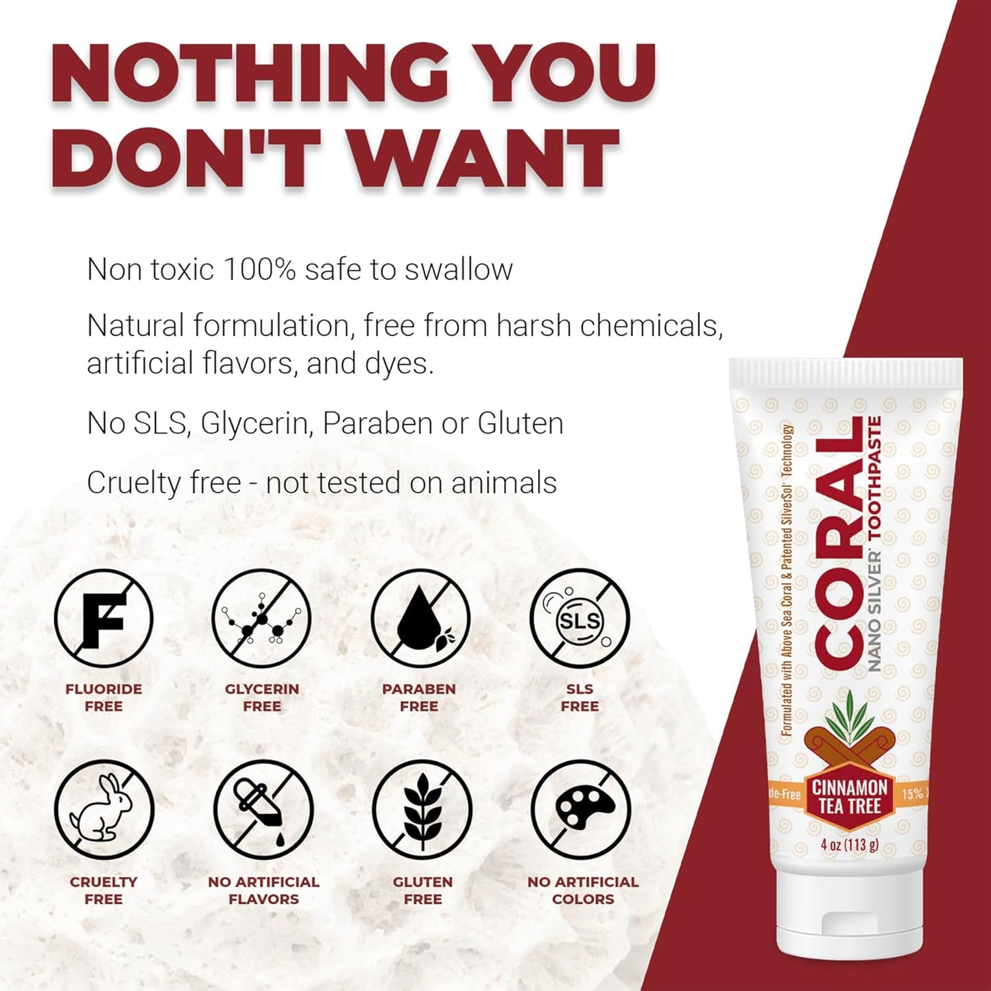 Coral Nano Silver Cinnamon Tea Tree Toothpaste, Natural Fluoride Free Teeth Whitening Toothpaste, Coral Calcium Nano Silver Infused SLS Free 4 Ounce