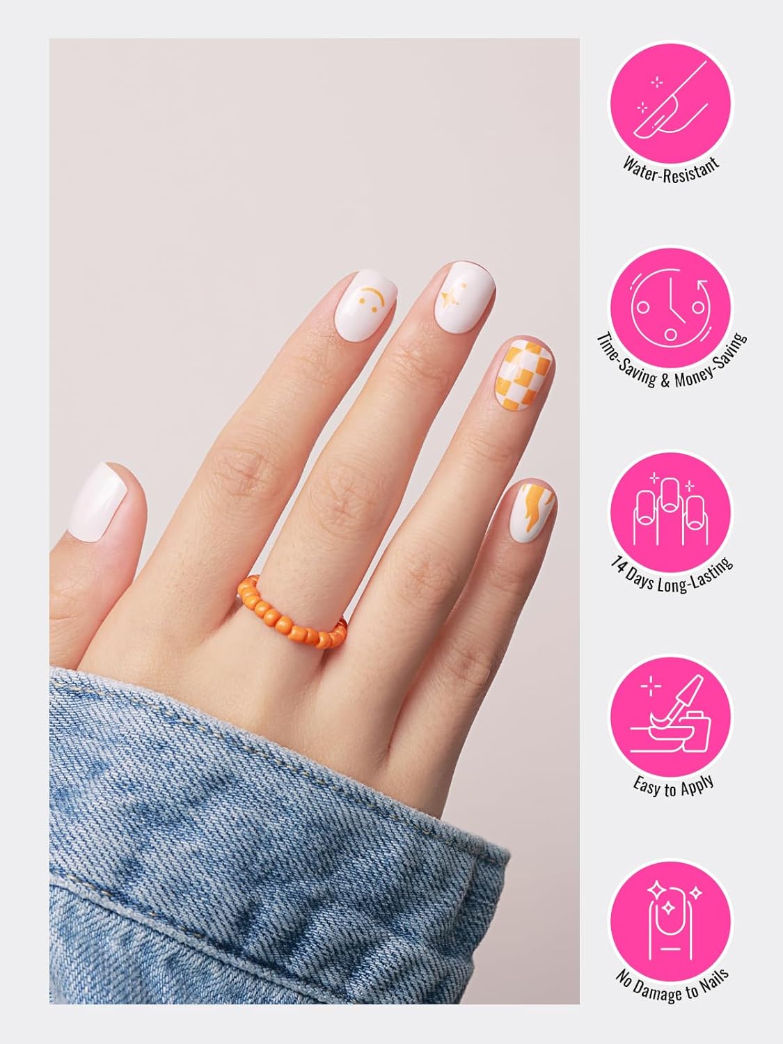 Semi Cured Gel Nail Strips, 30pcs Gel Nail Wraps, 2 Weeks Long Lasting Ice Age, Smile Bomb