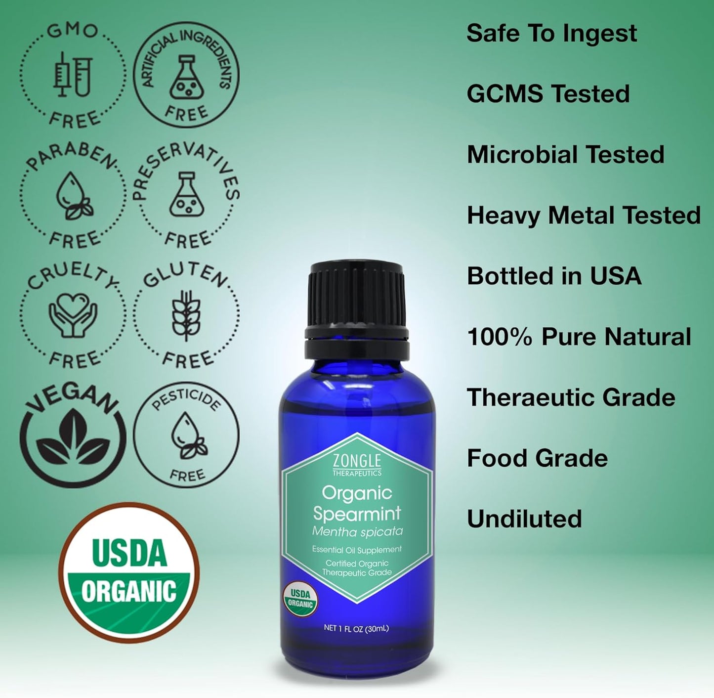 Organic, Spearmint Oil, Food, Grade, for Facial Hair, PCOS, Hair Removal – 100% Pure, Therapeutic, Spearmint Essential Oil, by Zongle Therapeutics, 1 OZ