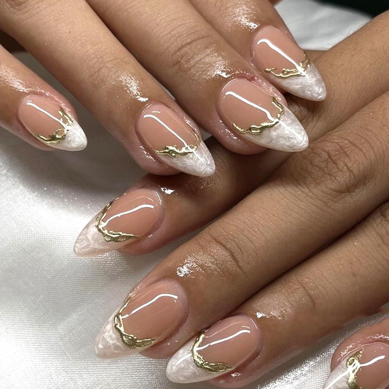 French Short Press On Nails Almond, Nude Fake Nails with Cloudy White French Tip and 3D Gold Line Design, Glossy Gel Finish Acrylic Nails, Natural Reusable Glue On Nails Kit for Women, Gilded Cloud