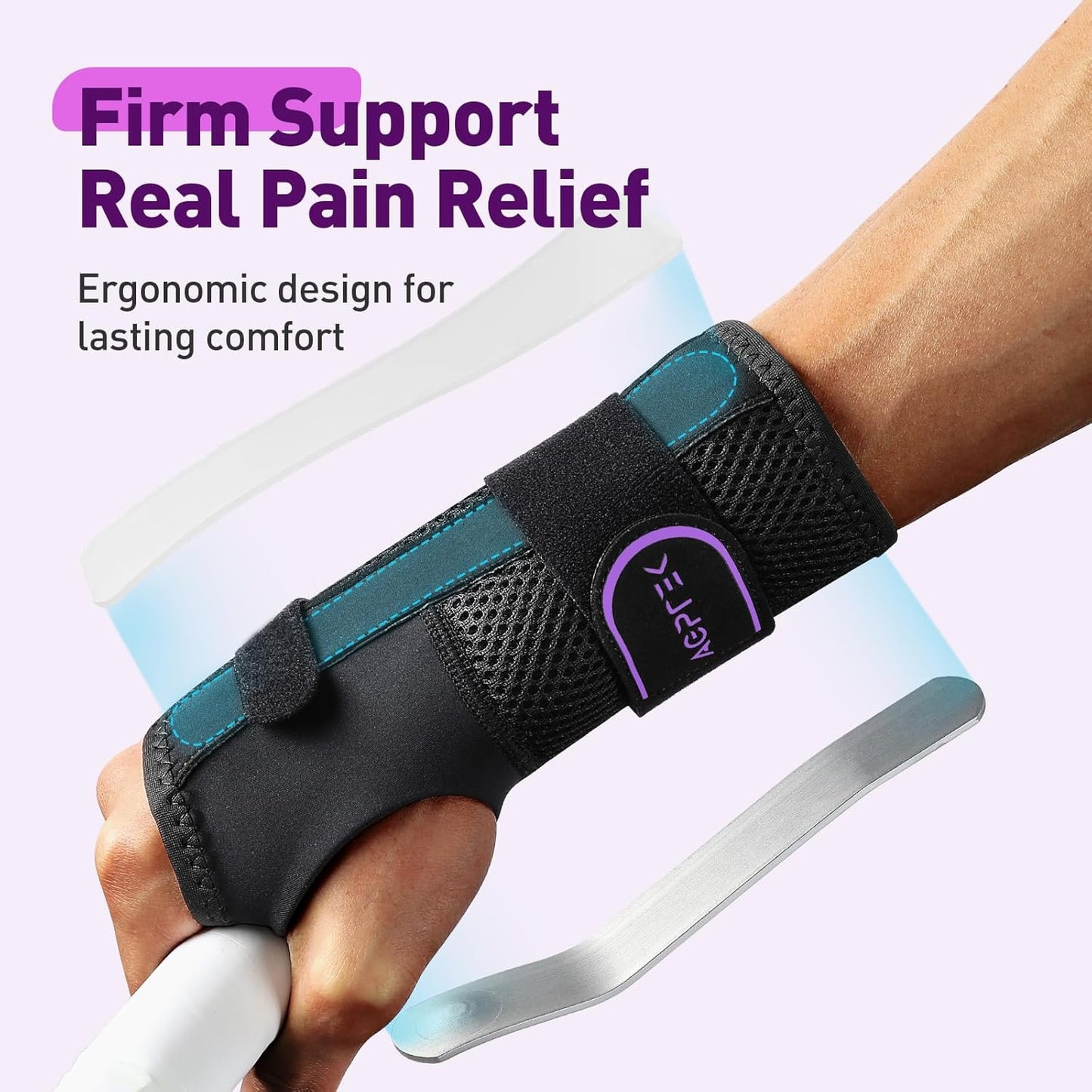 AGPTEK Carpal Tunnel Wrist Brace for Men Women, Night Sleeping Wrist Support with 2 Splints, Pain Relief Hand Brace for Arthritis Sprains Tendonitis, Adjustable Wrist Splint for Left Hand (L/XL, Black & Purple)