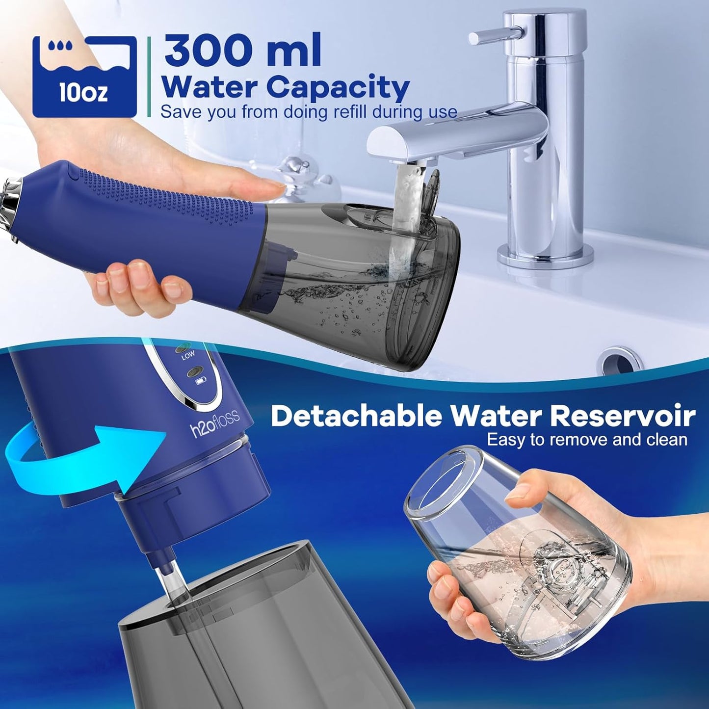 H2ofloss Water Dental Flosser Pick for Teeth: 5 Modes Cordless Portable 300ML Larger Tank Water Teeth Cleaner IPX7 Waterproof Flossing Cleaning Picks for Home Travel Dark Blue