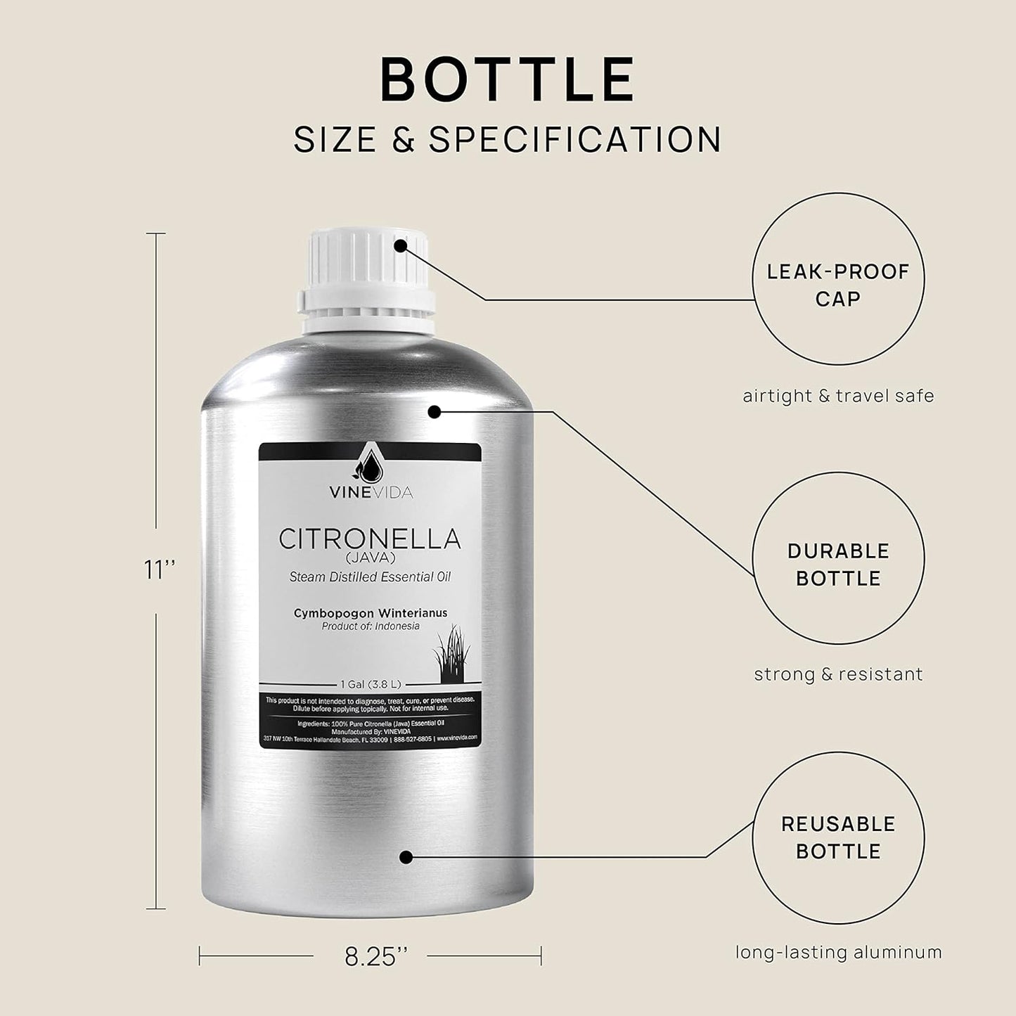 VINEVIDA Citronella Java Essential Oil - Gallon Citronella Oil Undiluted - Bulk Gallon Essential Oil for Soap Making Safe for Skin - DIY Candle Scents for Candlemaking Scents - 8 lbs Citronella Oil