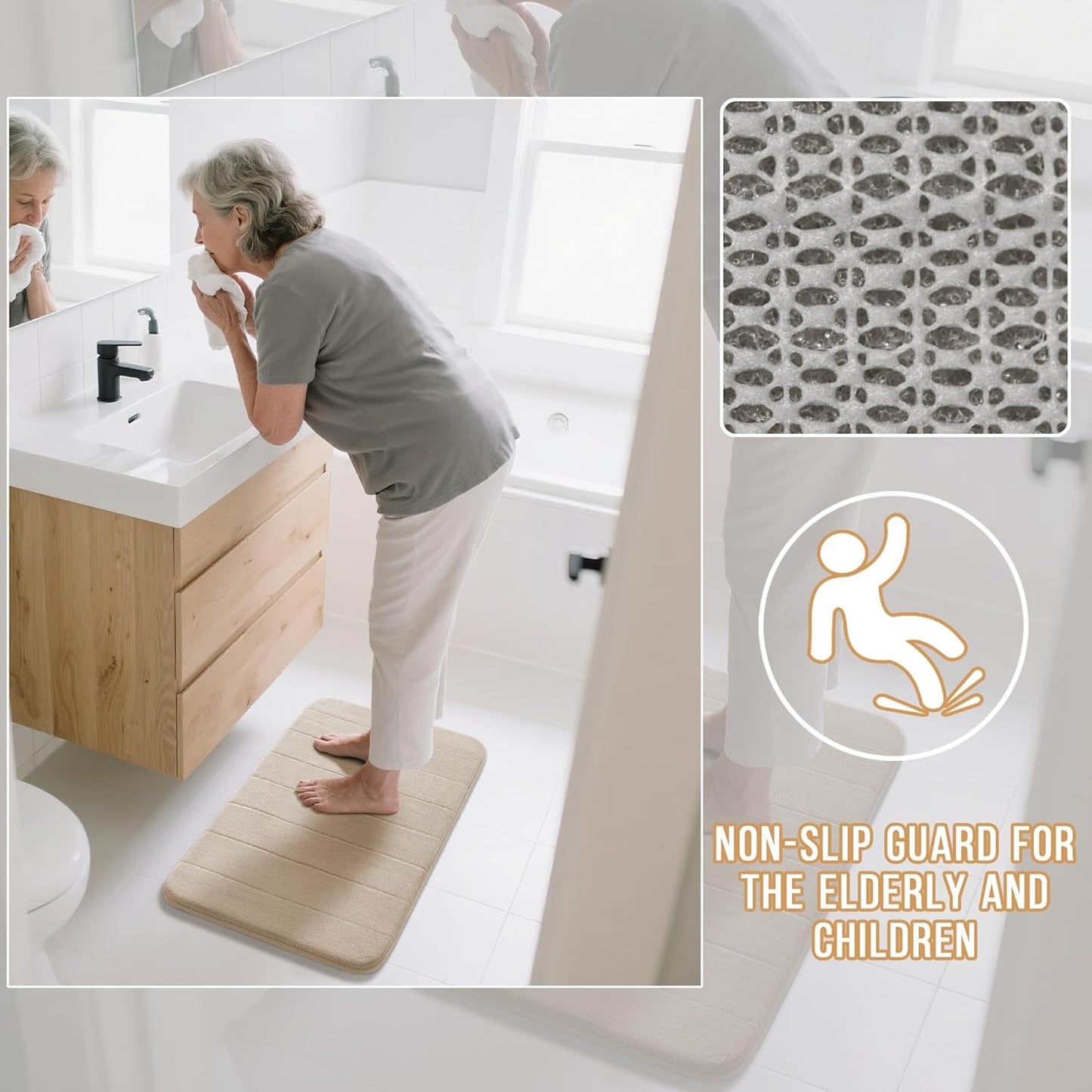 Yimobra Bathroom Runner 60"x24", Non Slip Memory Foam Bath Mat, Super Soft Water Absorbent Hallway Carpet, Machine Washable Rug for Vanity Tub Shower, Beige