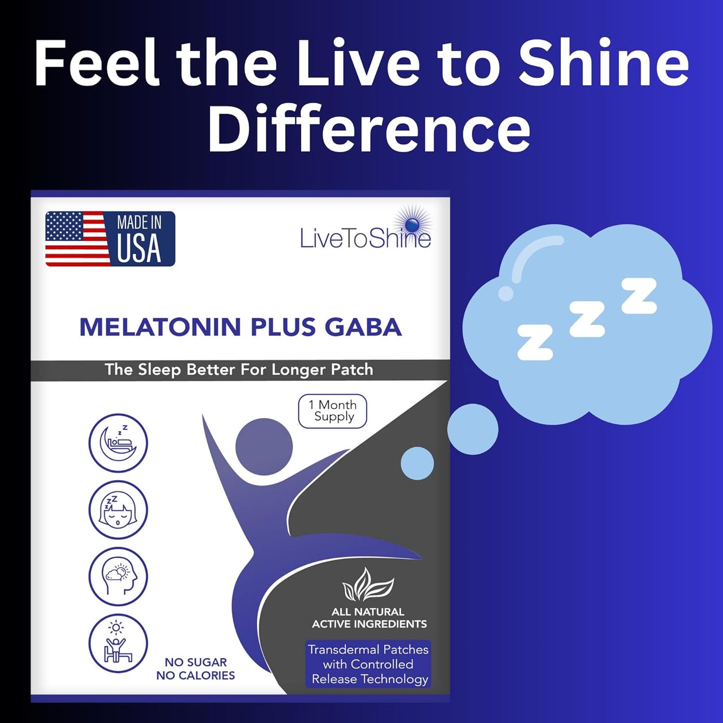 Live To Shine Melatonin Patches for Sleep - Plus GABA to Calm Busy Brains Fast - Perfect Combo for Men and Women - Slow Release - 30 Patches - USA Made