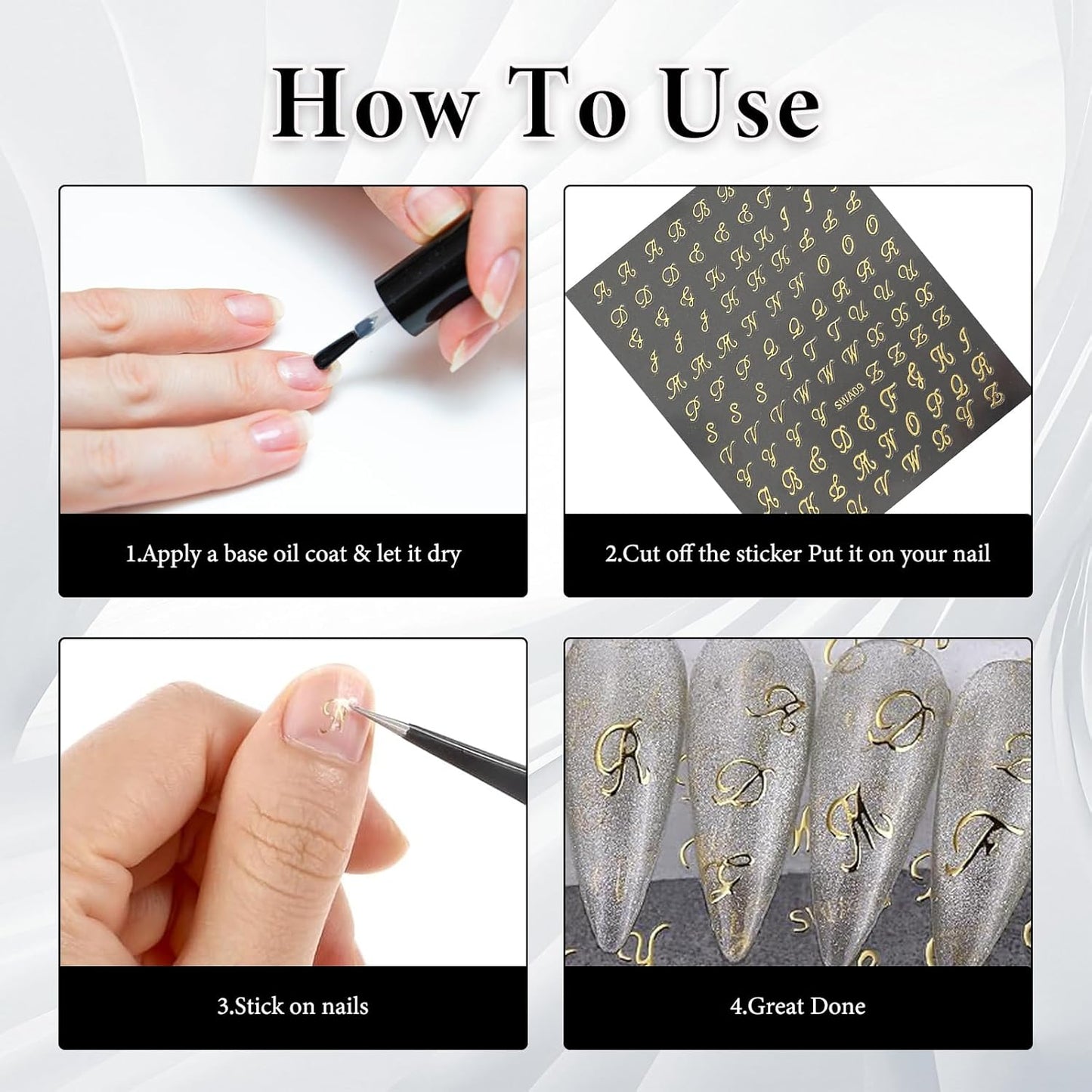 18 PCS Retro English Letters Nail Stickers, 3D Self-Adhesive Black White Gold Silver Design Nail Decals, Nails Stickers for Women DIY Nails Art Manicure Decoration