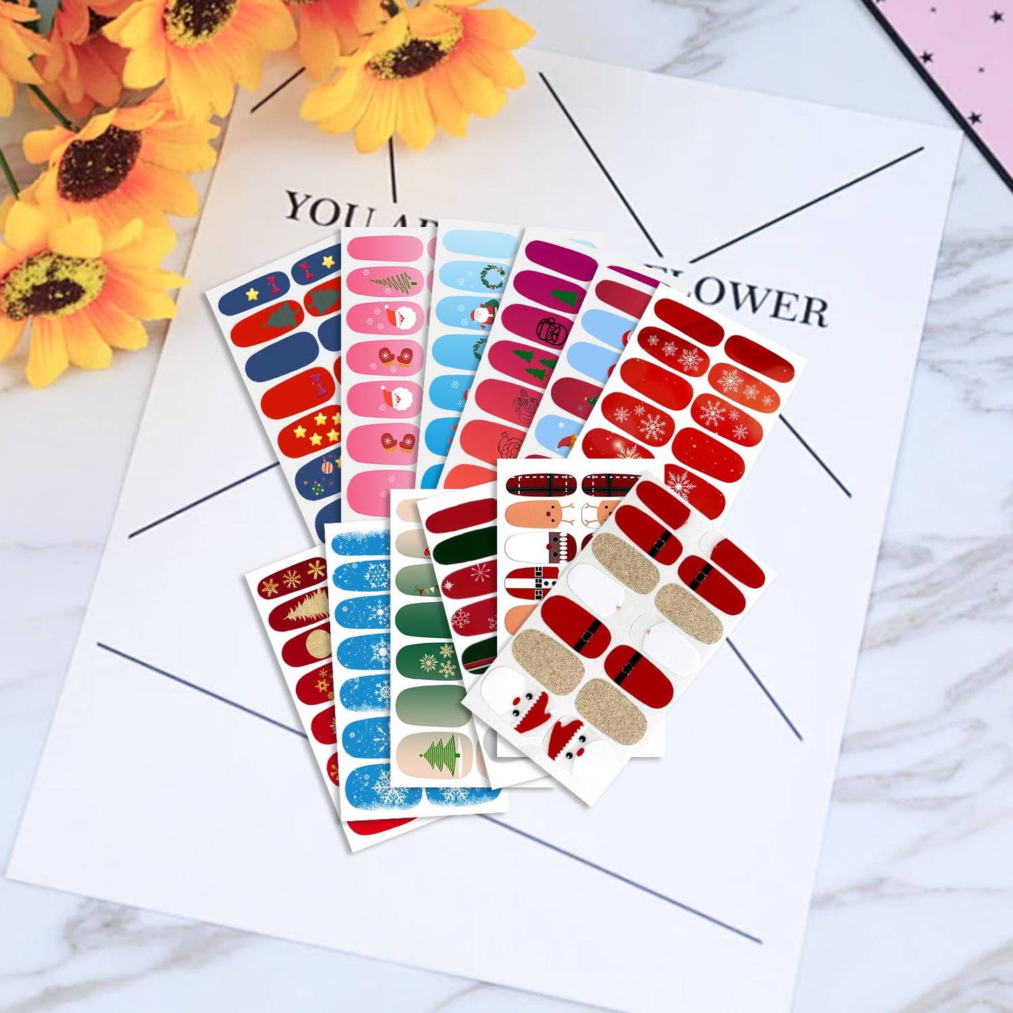 WOKOTO 20 Sheets Christmas Full Wraps Nail Polish Stickers Stick On Nail Polish Strips for Christmas Day Winter Nail Art Decals Gel Nail Wraps Christmas Father Deer Tree Gel Nail Strips Stickers