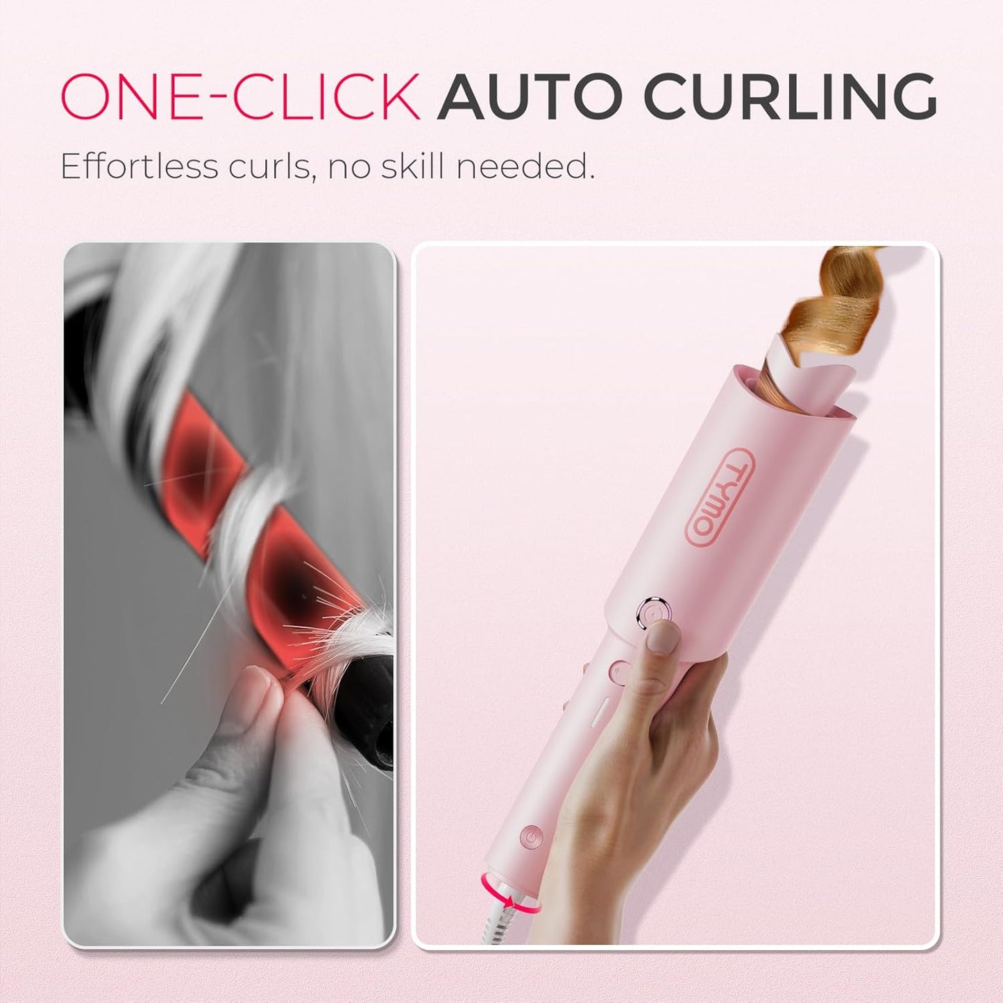 TYMO Automatic Rotating Curling Iron - TYMO CURLPRO Beach Waves Curling Wand, Portable Hair Curler, 500 Million Ionic, Dual Voltage & Lightweight for Travel, Ceramic Coating, 1 1/4 Inch, Pink