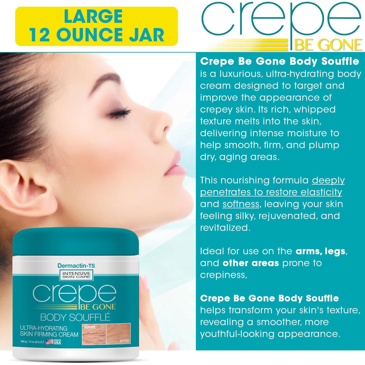Crepe Be Gone Body Souffle Classic - Large 12 ounce - Ultra Hydrating Crepe Skin Firming Cream for Neck,Chest, Arms & Legs