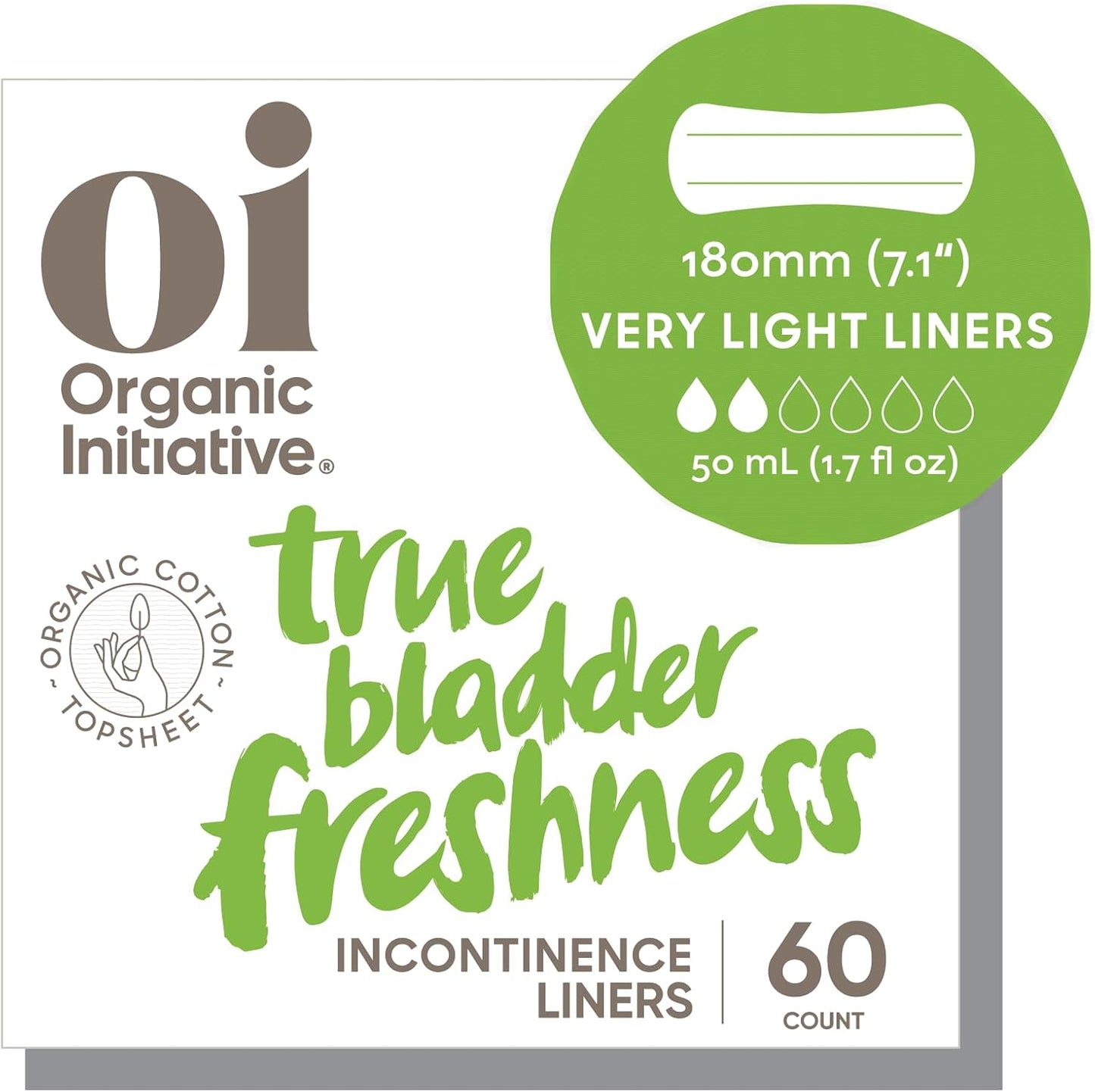 Oi | Organic Initiative Incontinence Liner, Organic Cotton Topsheet, Very Light Bladder Leakage, Breathable and Hypoallergenic, Very Light absorbs up to 1.7 floz (7.1") 60 Liners