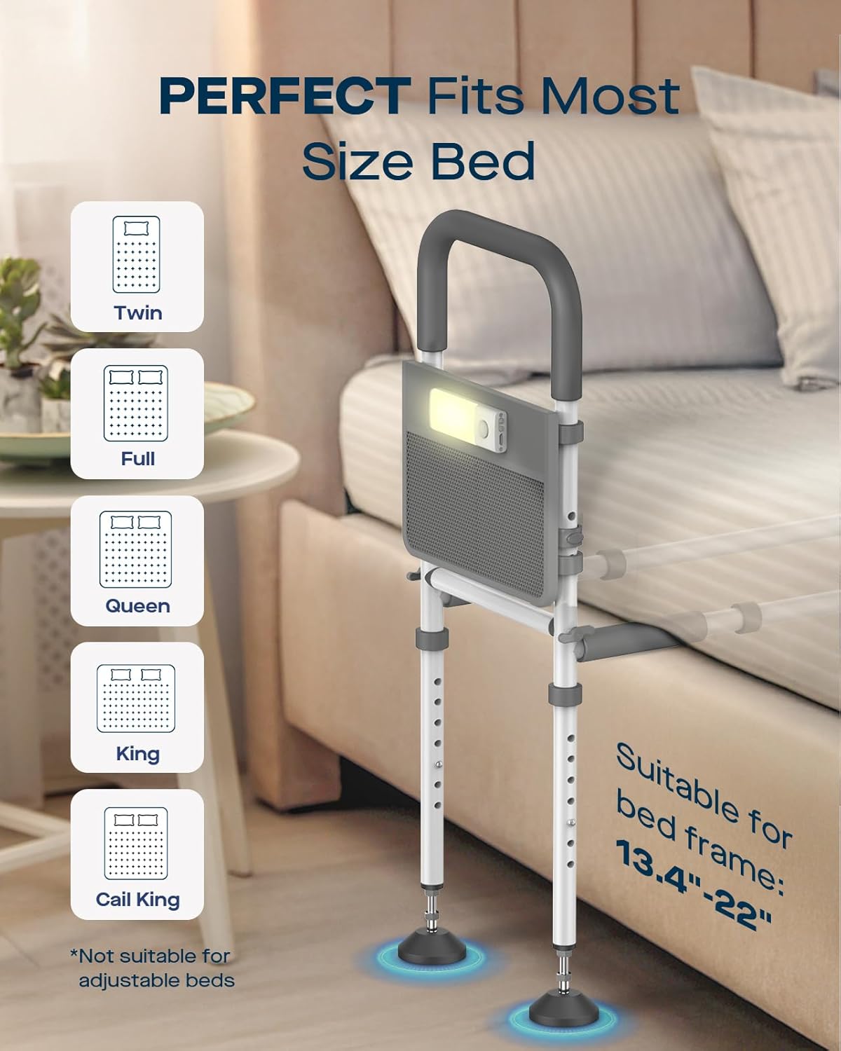 Bed Rails for Elderly Adults Safety, Adjustable Bed Assist Rail for Seniors with Motion Sensor LED Light & Storage Pocket, Non-Slip Handle Support Bar, Fits Twin/Full/Queen/King