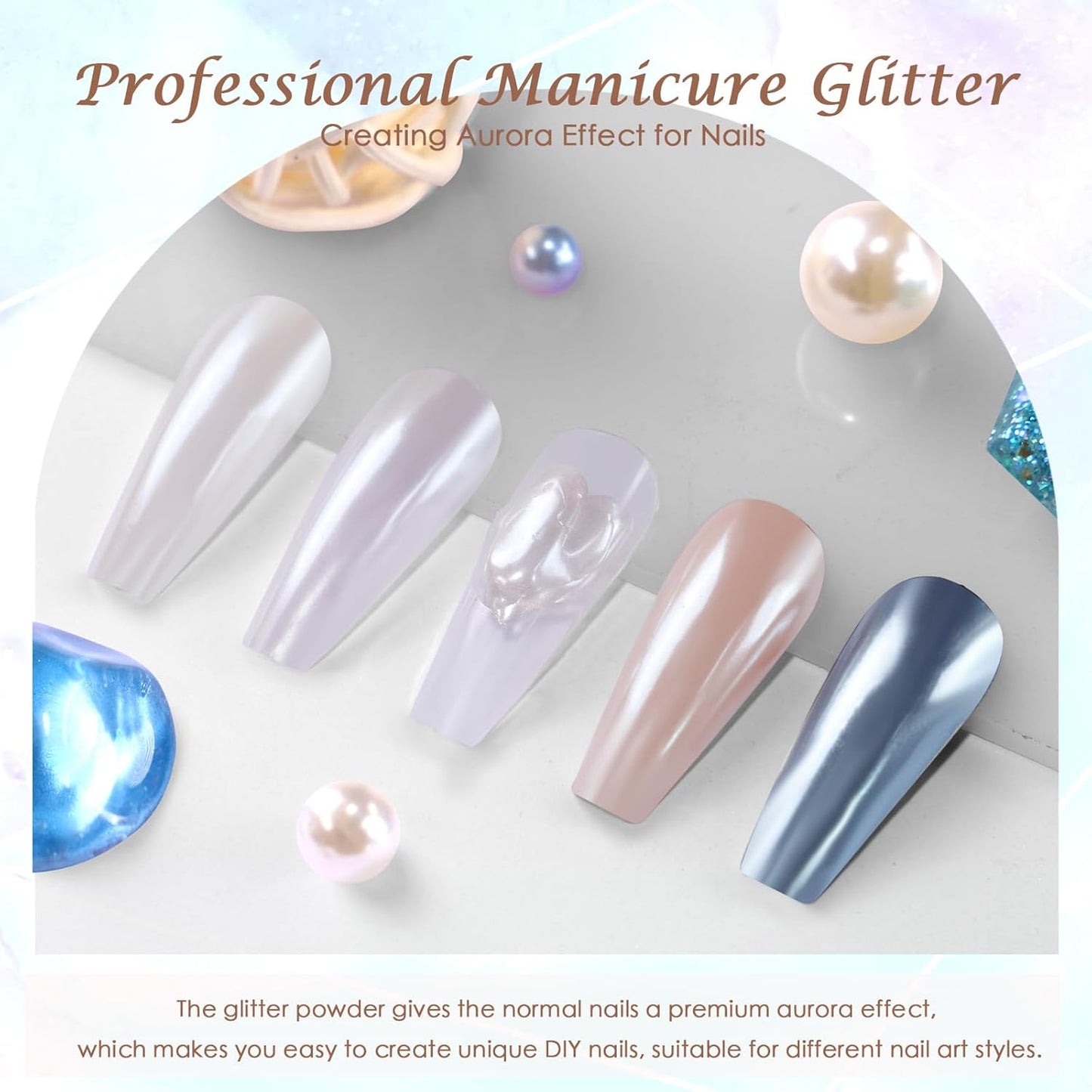 Laza White Chrome Nail Powder Glazed Donut Nails Metallic Effect Pigment Shimmer Pearlescent Mica Powder Iridescent Aurora Nail Glitter Fairy Dust Gel Nail Art Supplies Nail Techs – Pearl Chrome