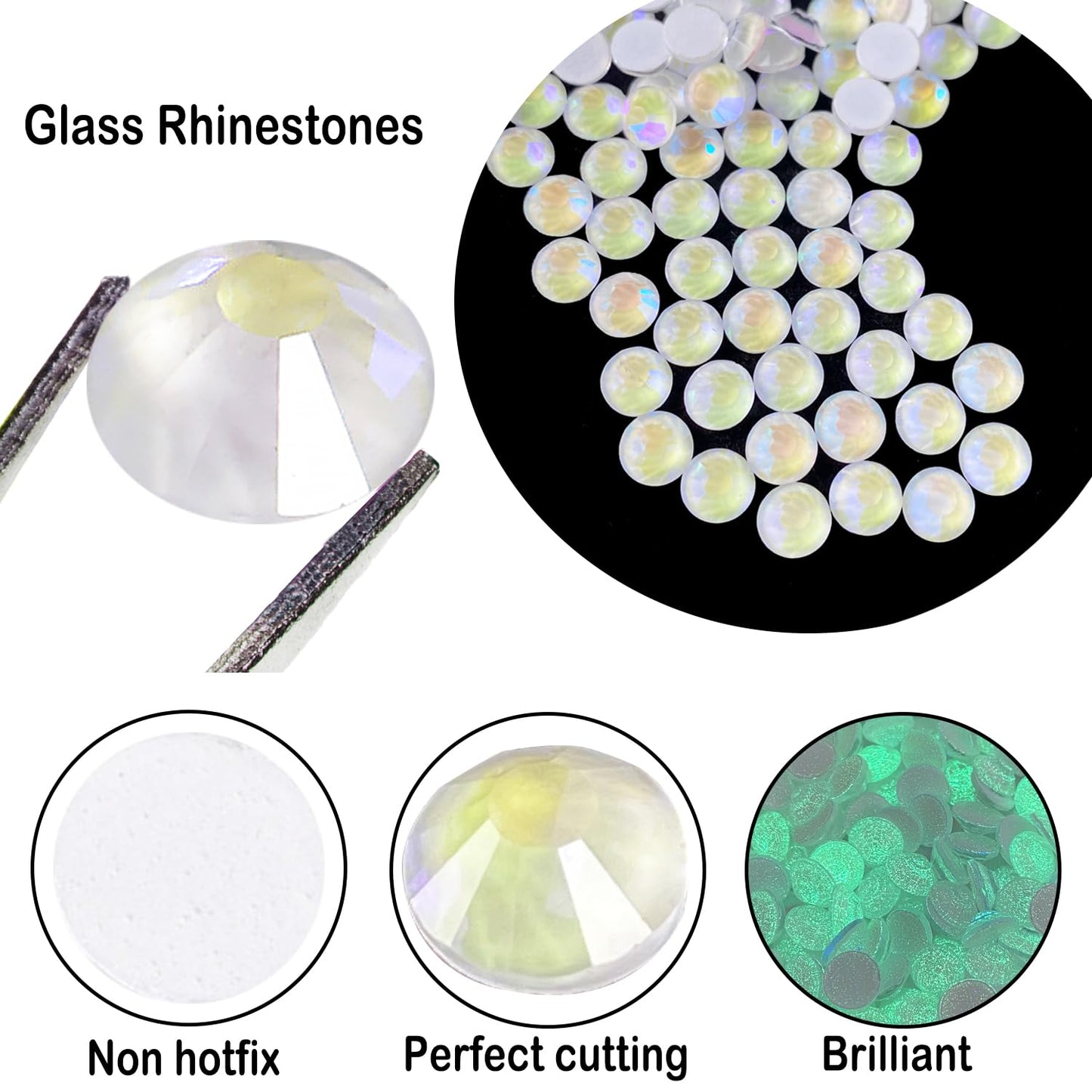 Flatback Glass Rhinestones,Bedazzler Gems 1440pcs Non Hotfix Crystal Rhinestones for Nail Charms Crafts Clothes Tumblers,White AB Neon,SS20
