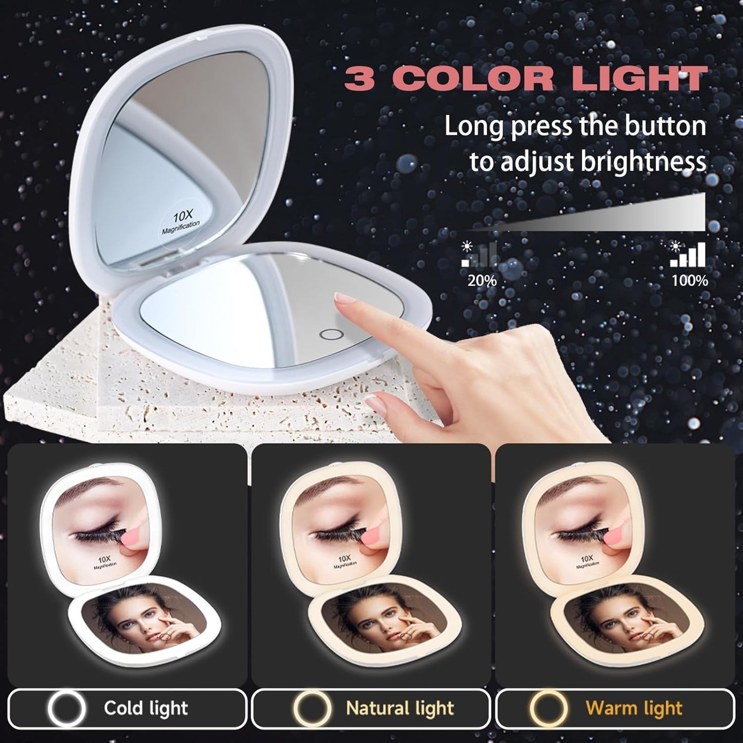 Portable LED Makeup Mirror - Compact Travel Mirror with Light, 10X Magnification, Adjustable Brightness, Rechargeable, for Her, Travel Accessories for Women, Ideal for Purse
