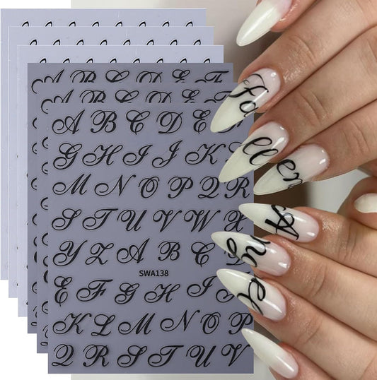 6 Sheets Gothic Nail Art Sticker Decals, Russian Letters Notes Nail Stickers Holiday Nail Decals for Nail Art Black Graffiti Style Design Nail Supplies Elegant Self Adhesive Decals for Women Decor