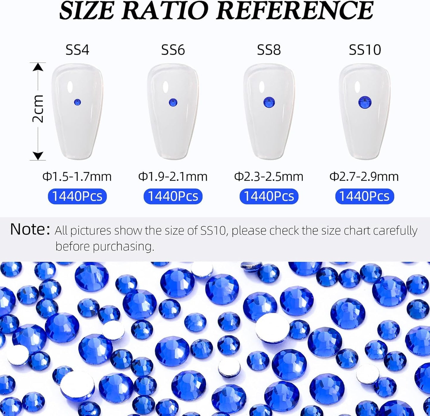 Sapphire Flatback Rhinestones, Glass Rhinestones for Nail Art and Craft, Glue Fix, Loose Crystal Gemstones(Blue, SS8, 1440pcs, 2.3-2.5mm)