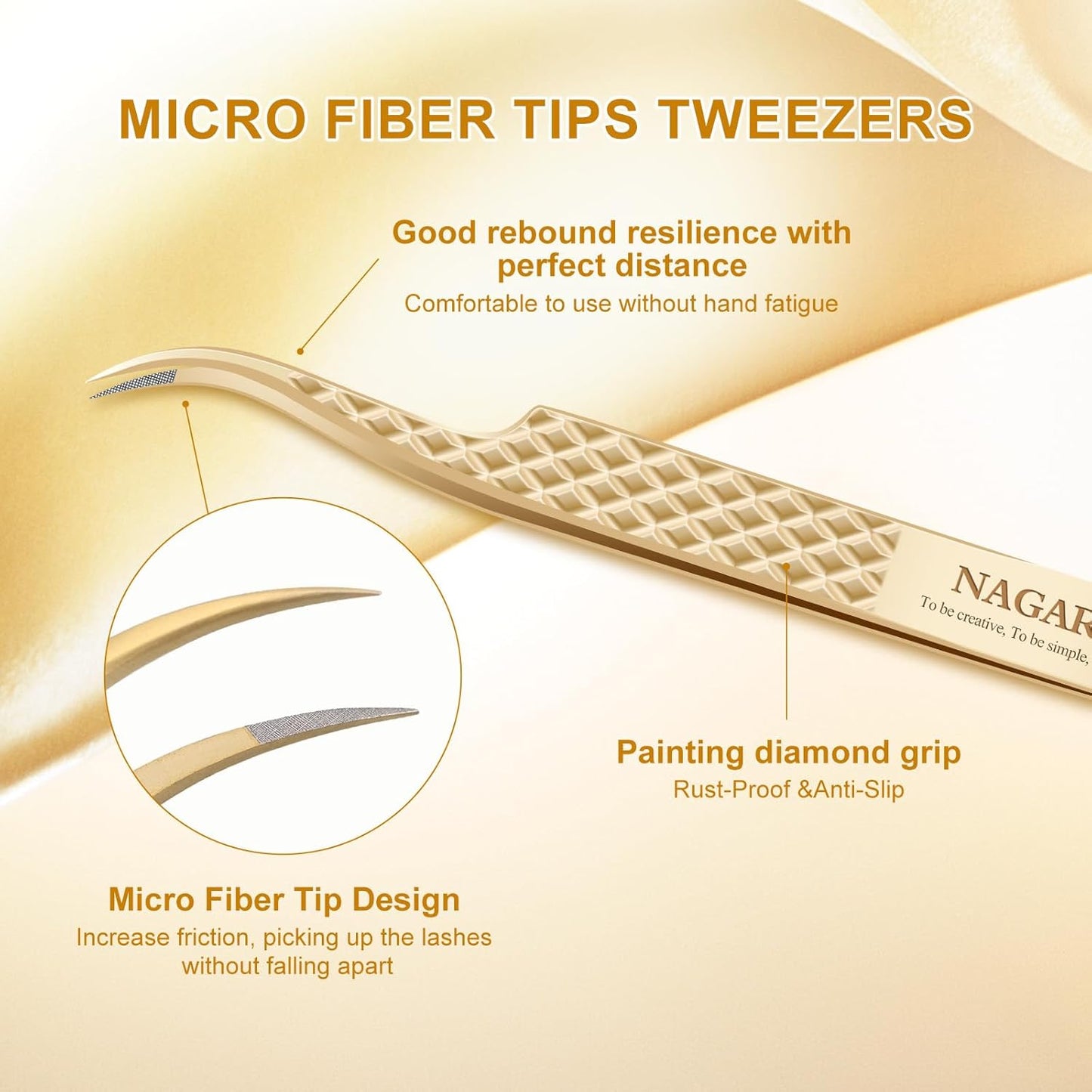 NAGARAKU Precision Fiber Tip Grip Tweezer for Eyelash Extensions Diamond Handle Anti-Static Anti-Slip Premium Gold Stainless Steel Eyelashes Tweezers Supplies with Box(C Curved Tip Tweezer AG-04)