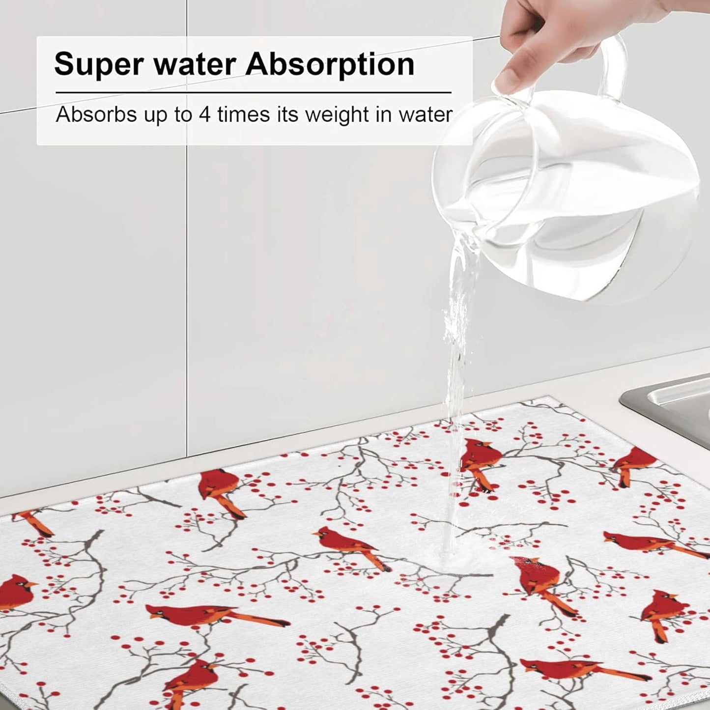 Cardinal Bird Red Berry Decor Microfiber Dish Drying Mat for Kitchen Counter Cute Dishes Pad Dish Drainer Rack Mats 18"x24" Absorbent Washable Reusable Home Holiday Decor