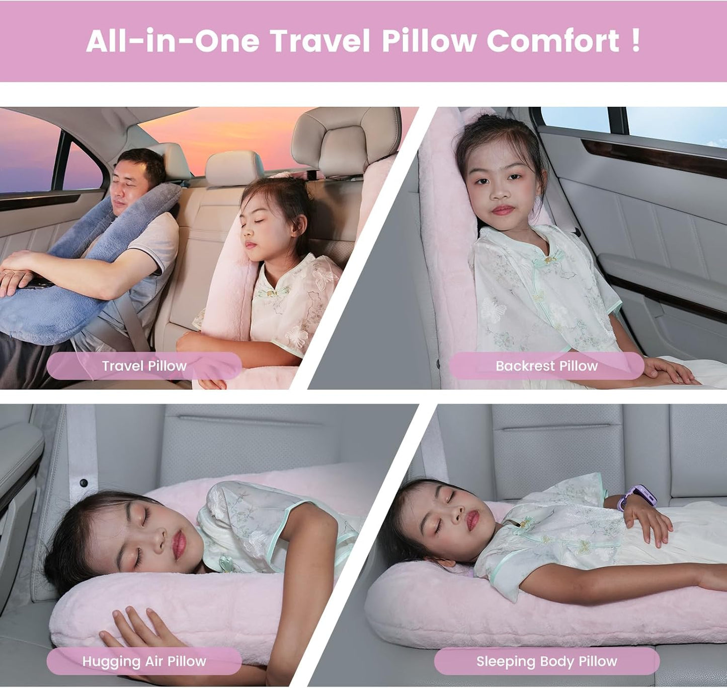 Car Pillow for Kids, Professional Inflatable Kids Car Pillow for Sleeping Carseat Travel - Safe, Reliable - Inflatable Travel Pillows for Kid Adult Car Seats Pink