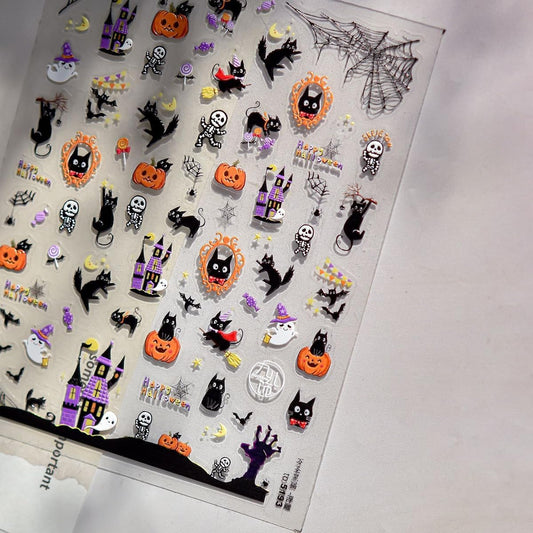5D Embossed Halloween Nail Stickers Funny Cute Cat Self-Adhesive Nail Art Pegatinas Uñas with Skull Ghost Pumpkin Designs Halloween Nails Decals DIY Manicure Supplies for Women Nails Decoration 1Sheet
