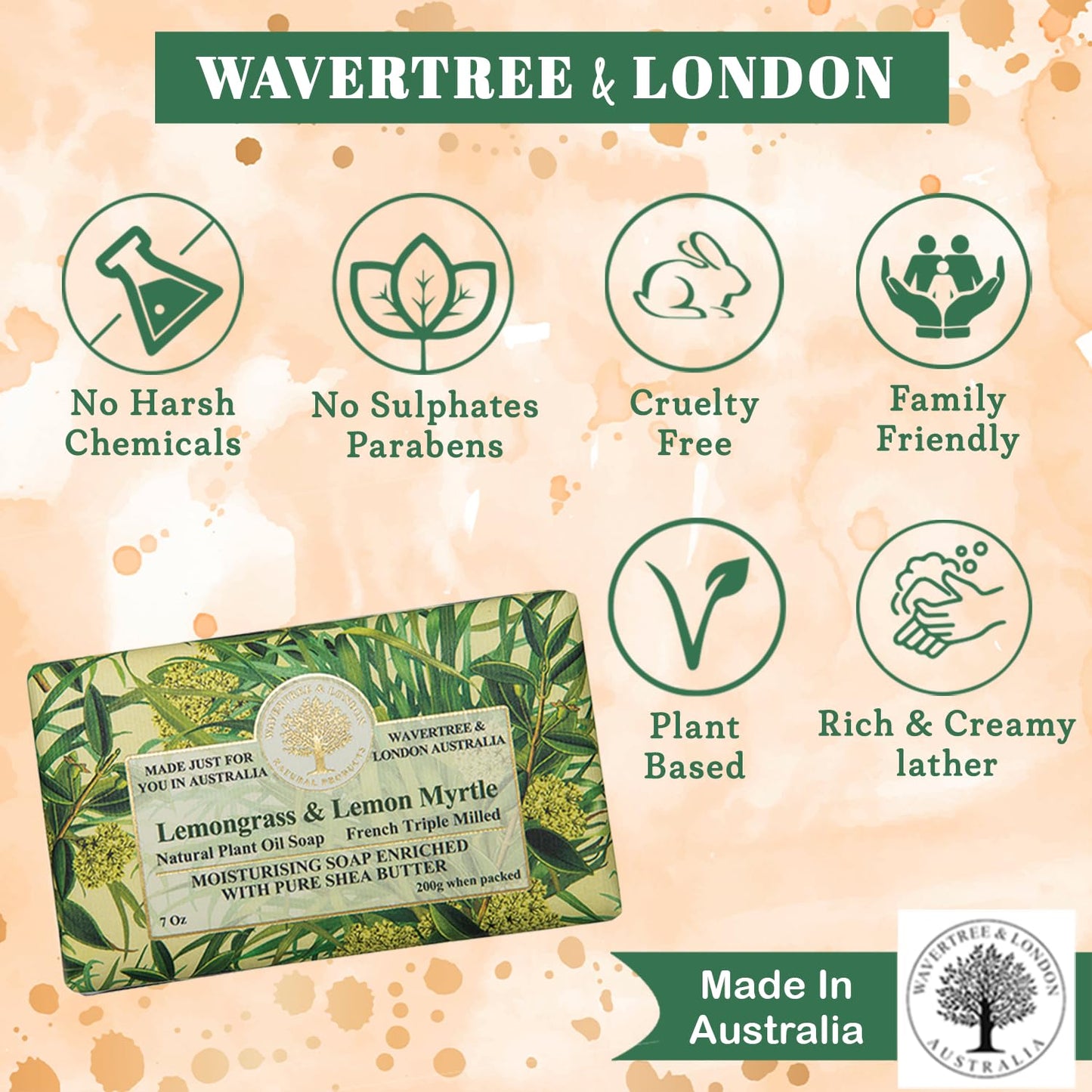 Wavertree & London Lemongrass & Lemon Myrtle Scented Natural Soap (8 Bars), 7oz Moisturizing French Triple Milled Soap Bars enriched with shea butter - Plant Oil Bath & Body Bars for All Skin Types