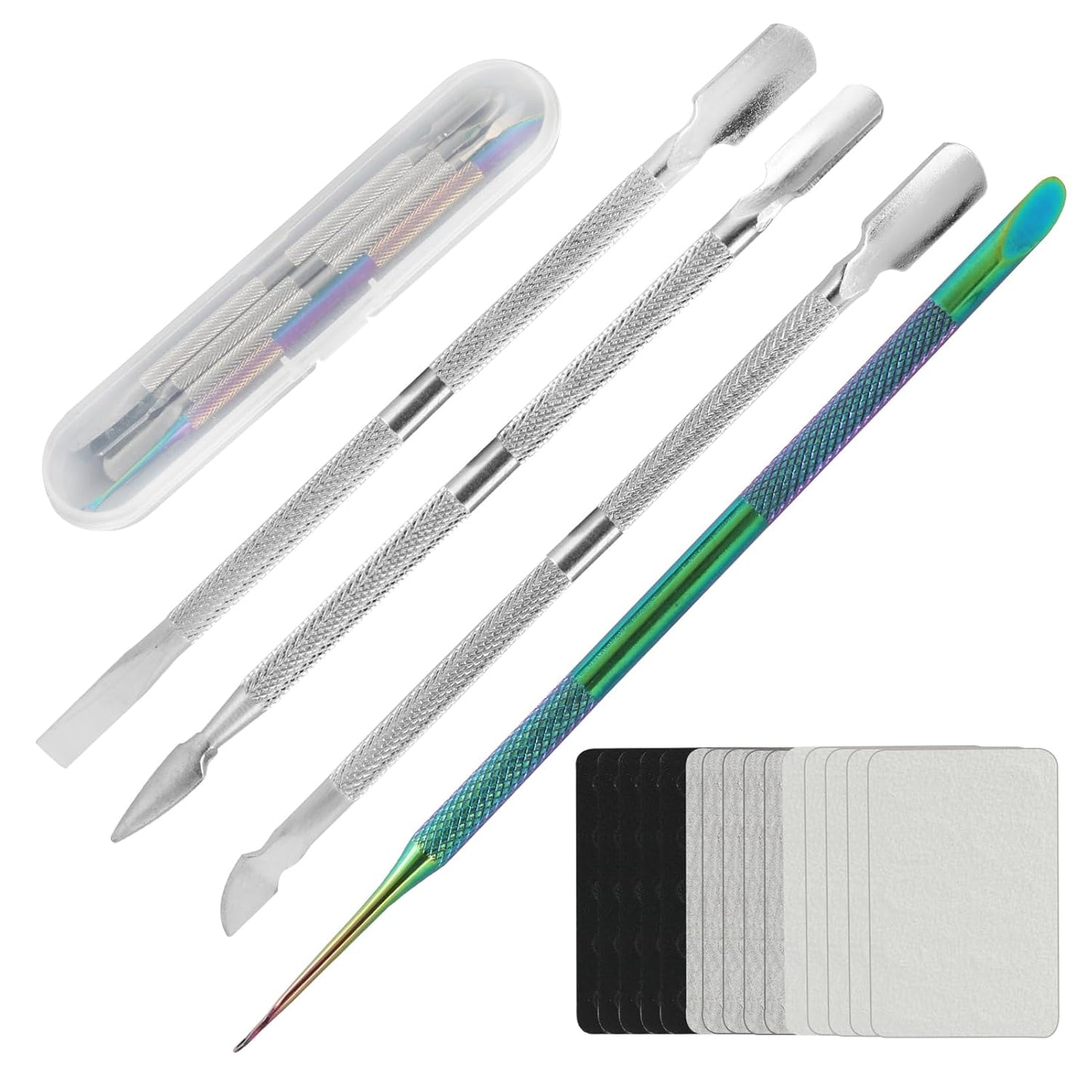 4 Pack Professional Nail Polish Around Cuticle Remover Tools, Pre-treatment Cuticle Pusher with 15 Sheets 100/180/240 Grit Sandpaper, Dual-Ended Russian Nail Polish for Manicure Pedicure Salon