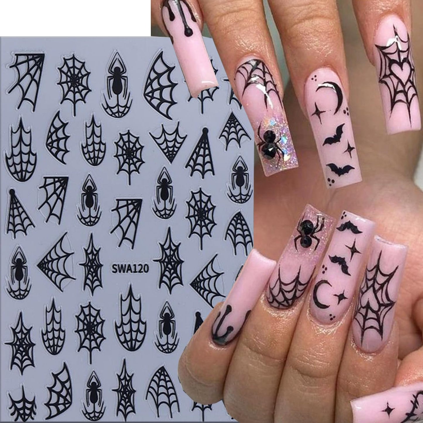 6 Sheets Halloween Spider Web Nail Art Stickers 3D Self -Adhesive Spider Web and Spider Nail Decals Holographic Black Gold Silver Nail Stickers Halloween Nail Decoration for Women Manicure Supplies