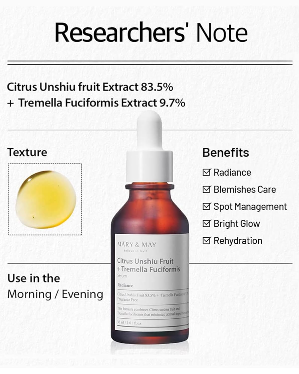 Mary&May Citrus Unshiu Fruit + Tremella Fuciformis Serum 1.01 Fl Oz / 30ml | VItamin Serum, Improves Skin Tone and Blemish, Recovering Glowy and Transparent Skin, Fragrance Free | EWG Green