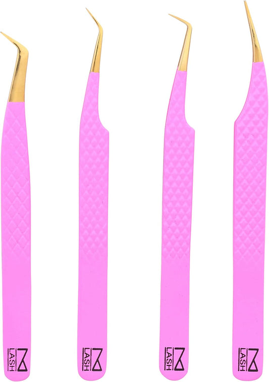 M LASH Eyelash Extension Tweezers (Set of 4) - Professional & Precision Lash Tweezers for Eyelash Extensions - Japanese Steel, Diamond Grip, Fiber Tip V3 (Pink)