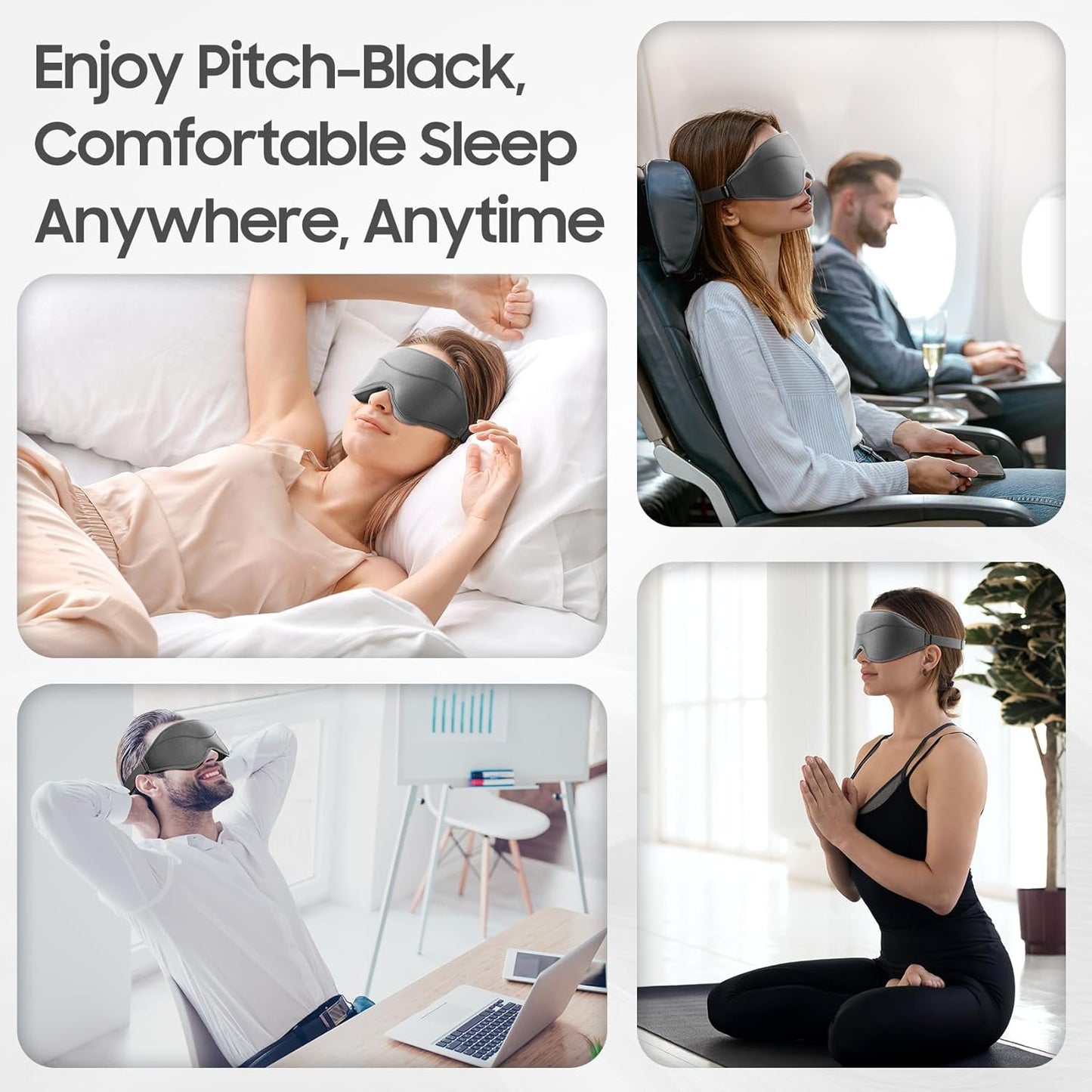 Sleep Mask - Total Blackout 3D Sleeping Mask, Super Lightweight & Silky Soft Eye Mask for Sleeping, Fully Adjustable Fit for Home, Office, Traveling, Meditation, Yoga, Gray