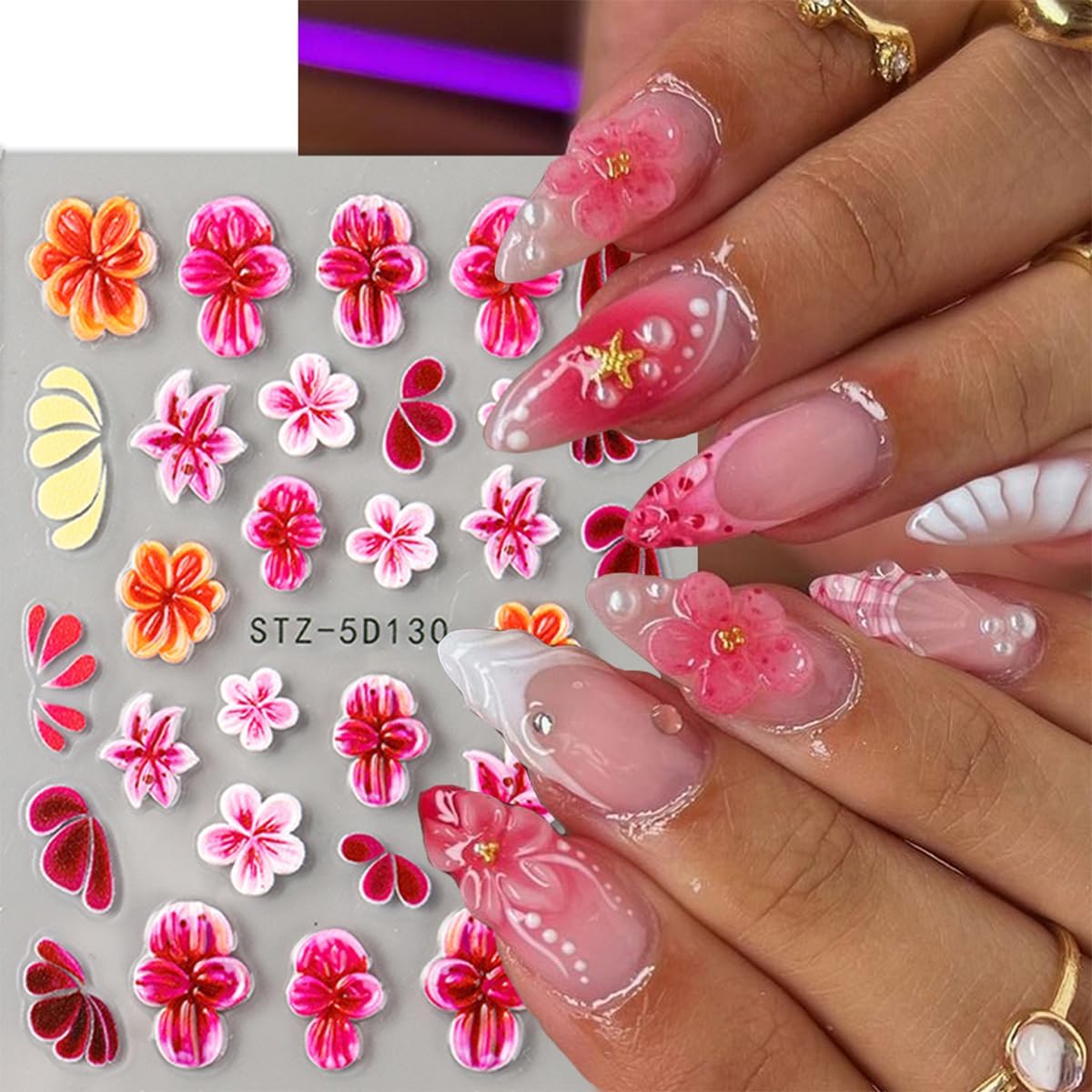 Flower Nail Stickers 3D Self Adhesive Nail Art Stickers 5D Embossed Nail Decals Red Hawaiian Floral Hibiscus with Rhinestone Design Black French Tips Manicure Accessories for Women 3 Sheet