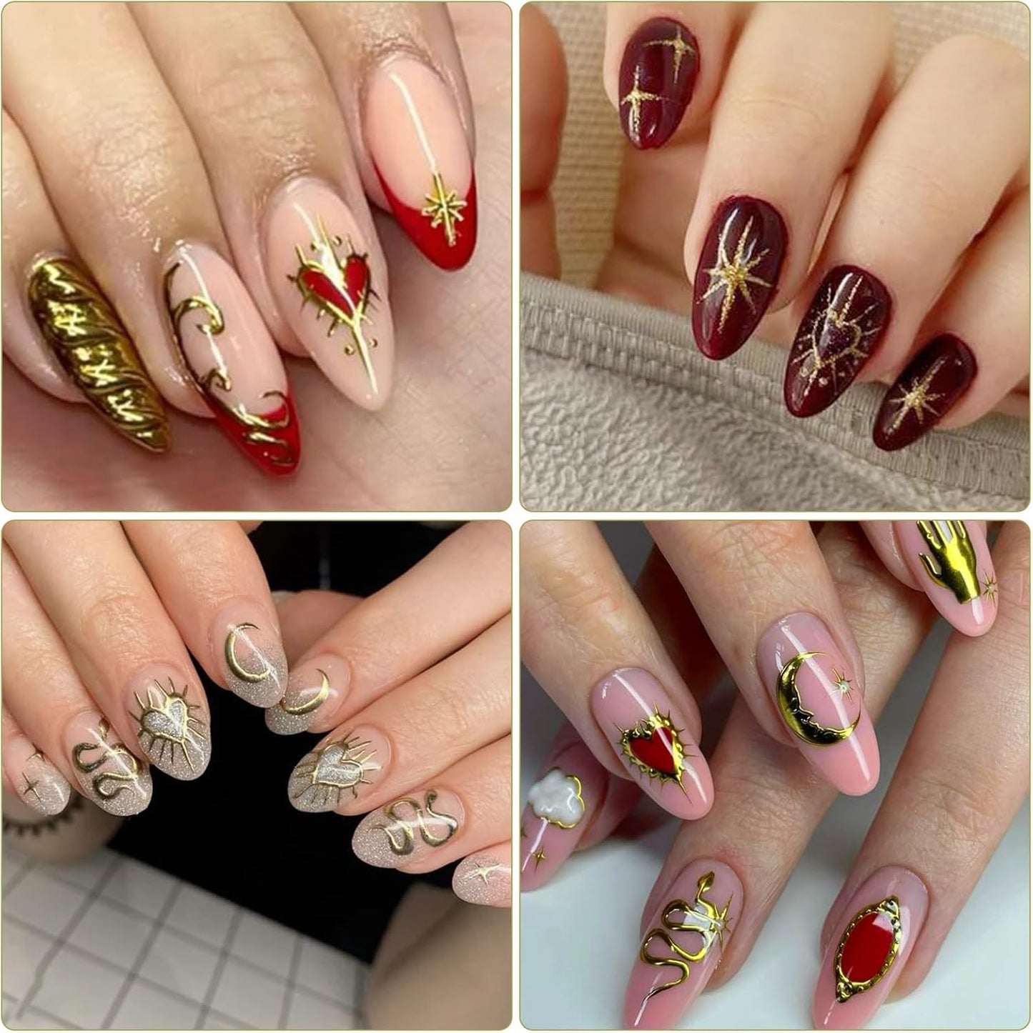 9 Sheets Gold Heart Nail Art Stickers - Valentines Day Self-Adhesive 3D Nail Decals for DIY Golden Silvery Manicure