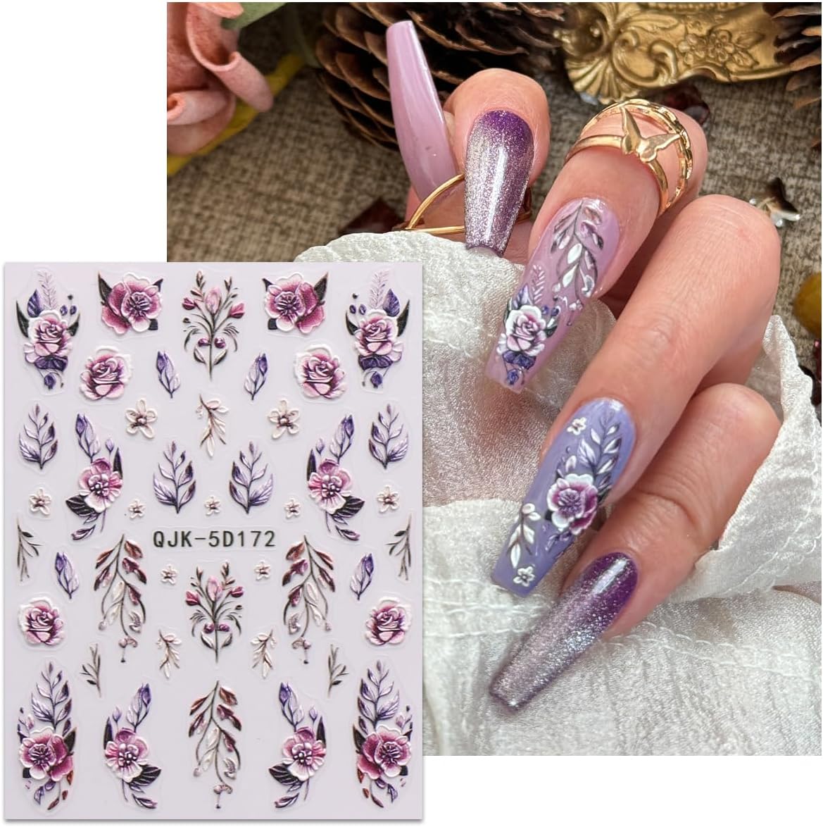 JMEOWIO 3D Embossed Flower Nail Art Stickers Decals Self-Adhesive 5D Spring Summer Floral Nail Supplies Nail Art Design Decoration Accessories 4 Sheets