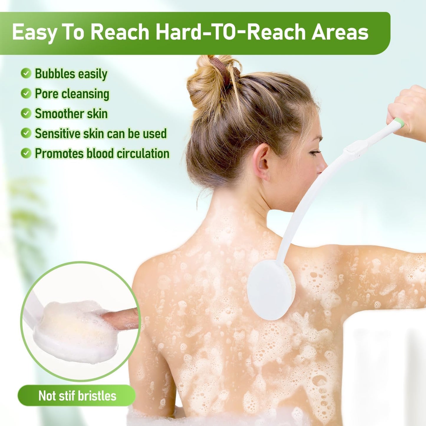 Fanwer 3 in 1 Lotion Applicator for Back Self Elderly & Back Bath Brush for Shower for Men and Women with Long Handle, 18.9in Curved Long Handled Shower Body Brush, Back Scrubber for Shower