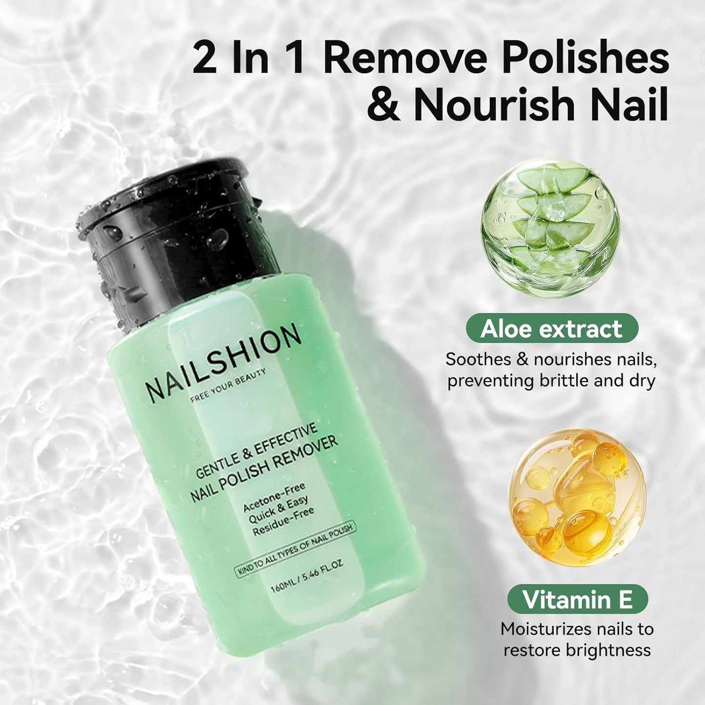 Nail Polish Remover with Aloe Vera, Non-Acetone Fingernail Polish Remover with Easy Push-down Pump, VE Non-Drying 5-10s Effectively to Clear Quick Dry Nail Polishes, 160ml