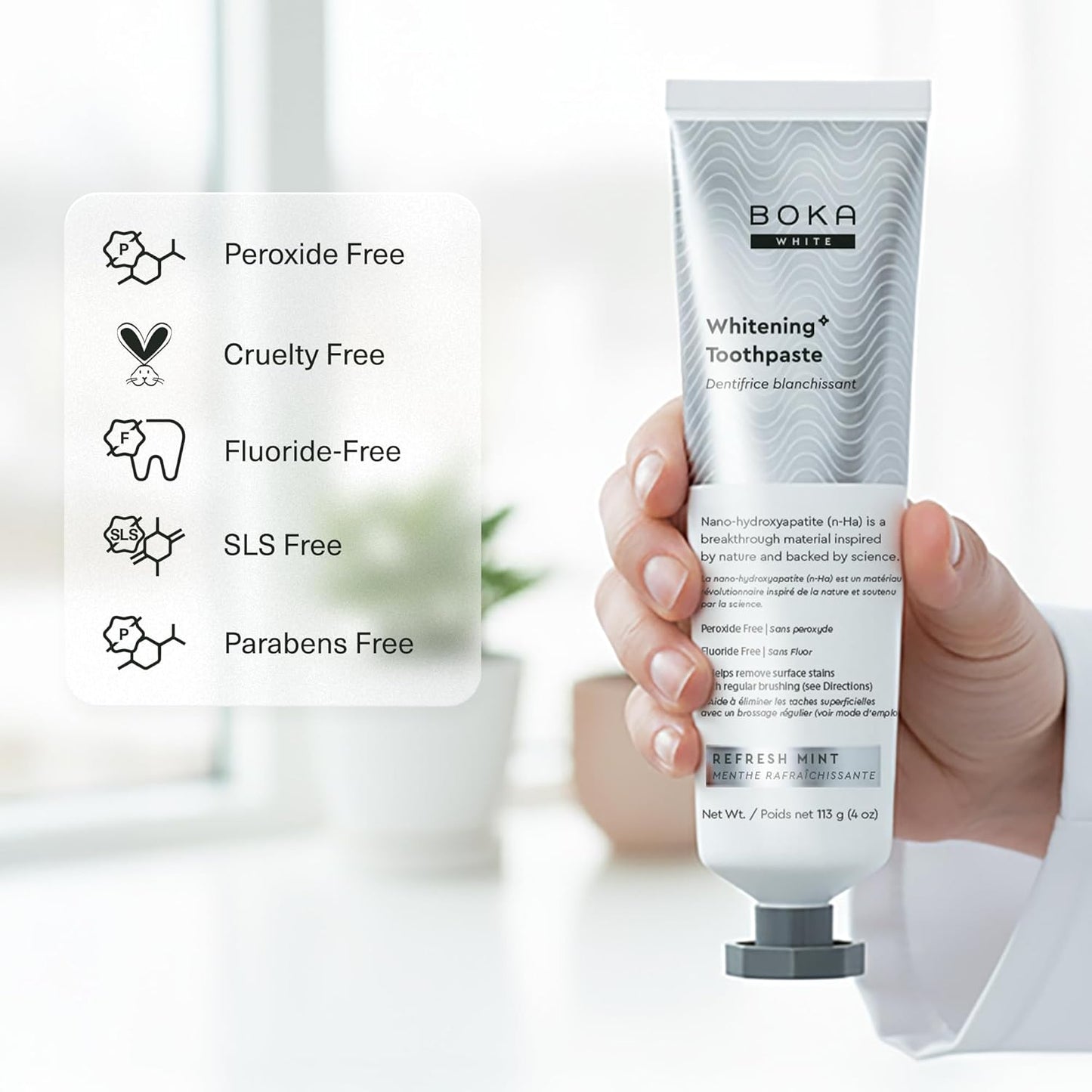 Boka Fluoride Free Toothpaste, Nano Hydroxyapatite Toothpaste, Appropriate for Sensitive Teeth, for Adult, Kids Oral Care - Whitening* Refresh Mint, 4 Fl Oz 1Pk US Manufactured