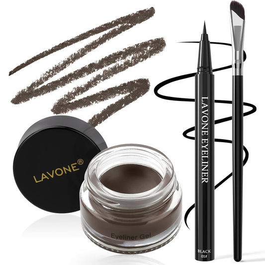 LAVONE Eyeliner Set - Waterproof Makeup Kit with Liquid Eye Liner Pencil, Gel Eyeliner and Angled Eye Liner Brush, Waterproof, Smudge Resistant, Long Lasting Formula - Medium Brown