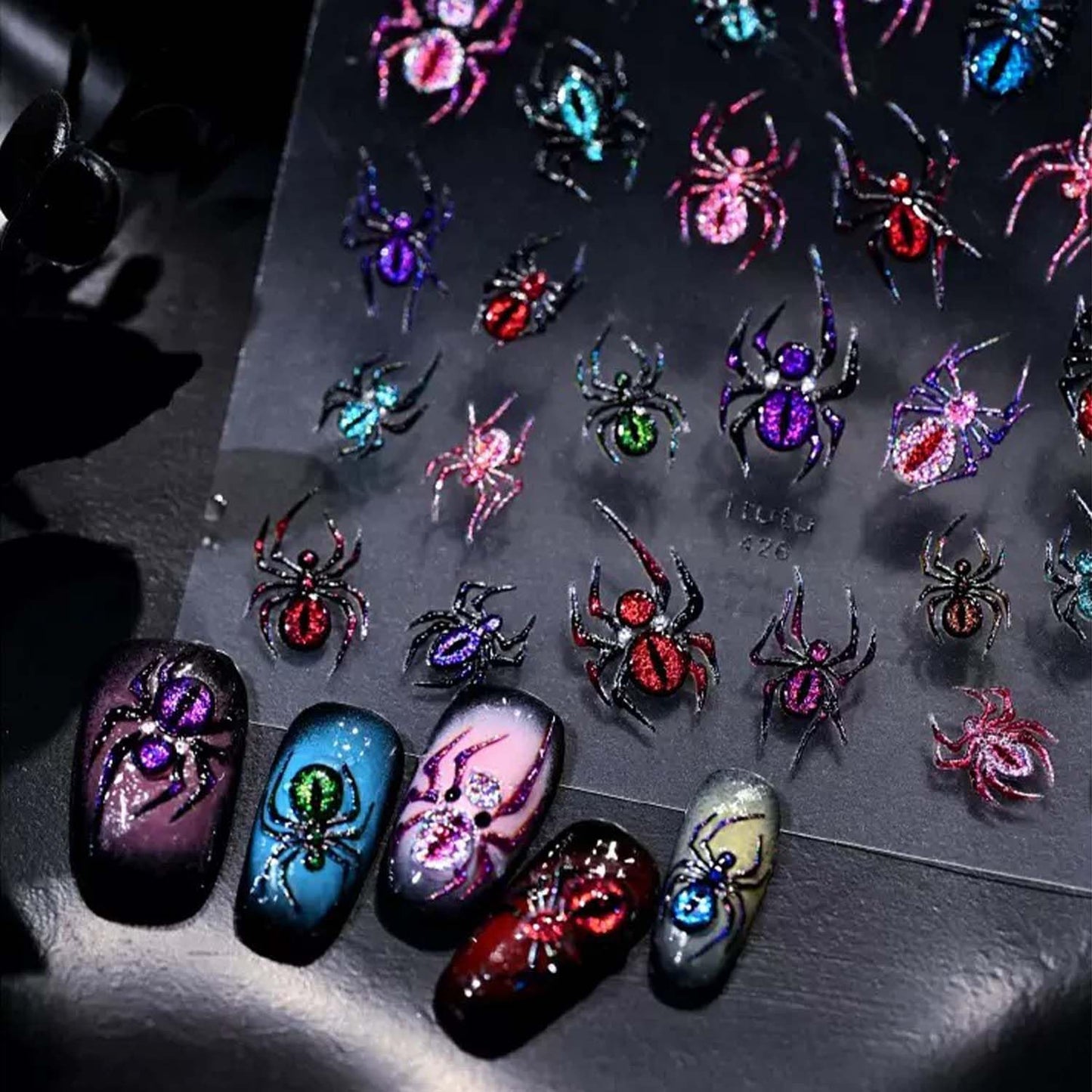 5D Embossed Halloween Nail Stickers for Nail Art Colorful Spider Nail Decals Self-Adhesive Halloween Nail Design Spider Nail Art Stickers for Women DIY Manicure Decorations Supplies