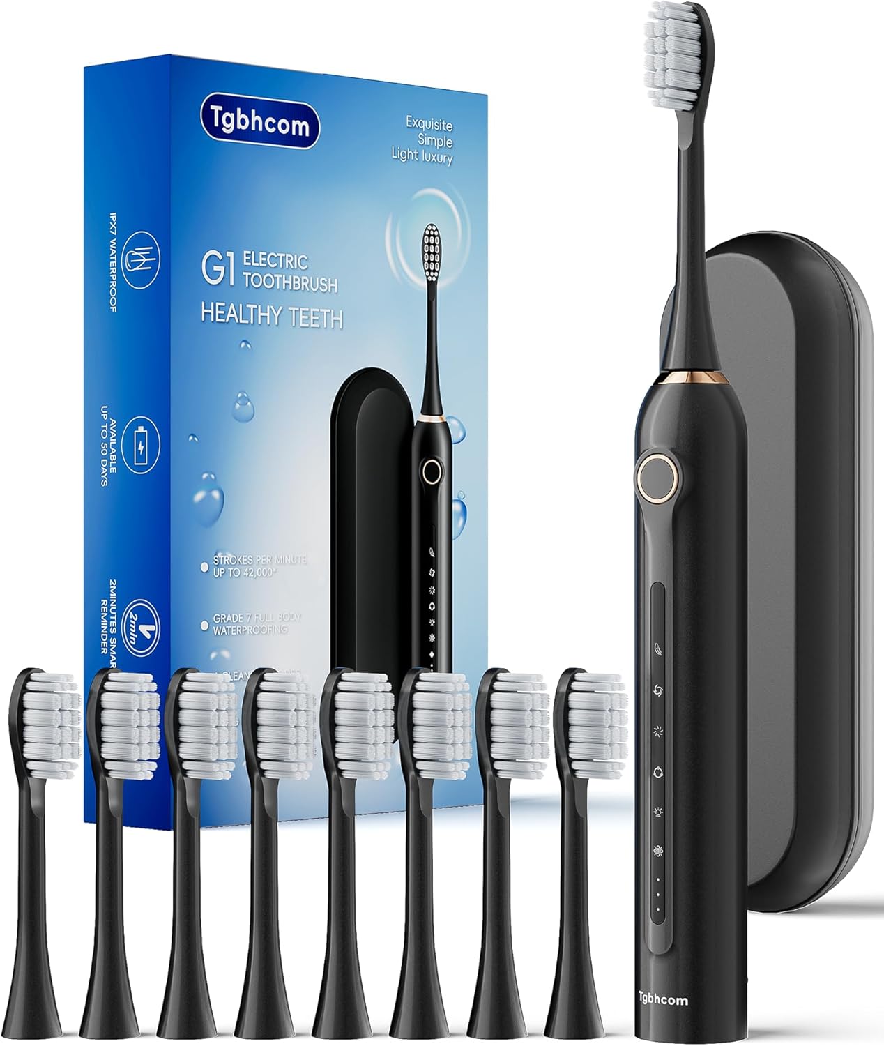 Black Electric Toothbrushes, with 8 Brush Heads, 1 Travel Toothbrush Case, for Adults and Kid Electric Toothbrush, Long 180-Day Battery Life, 6 Modes, IPX7 Waterproof, Smart 2-Minute Timer.
