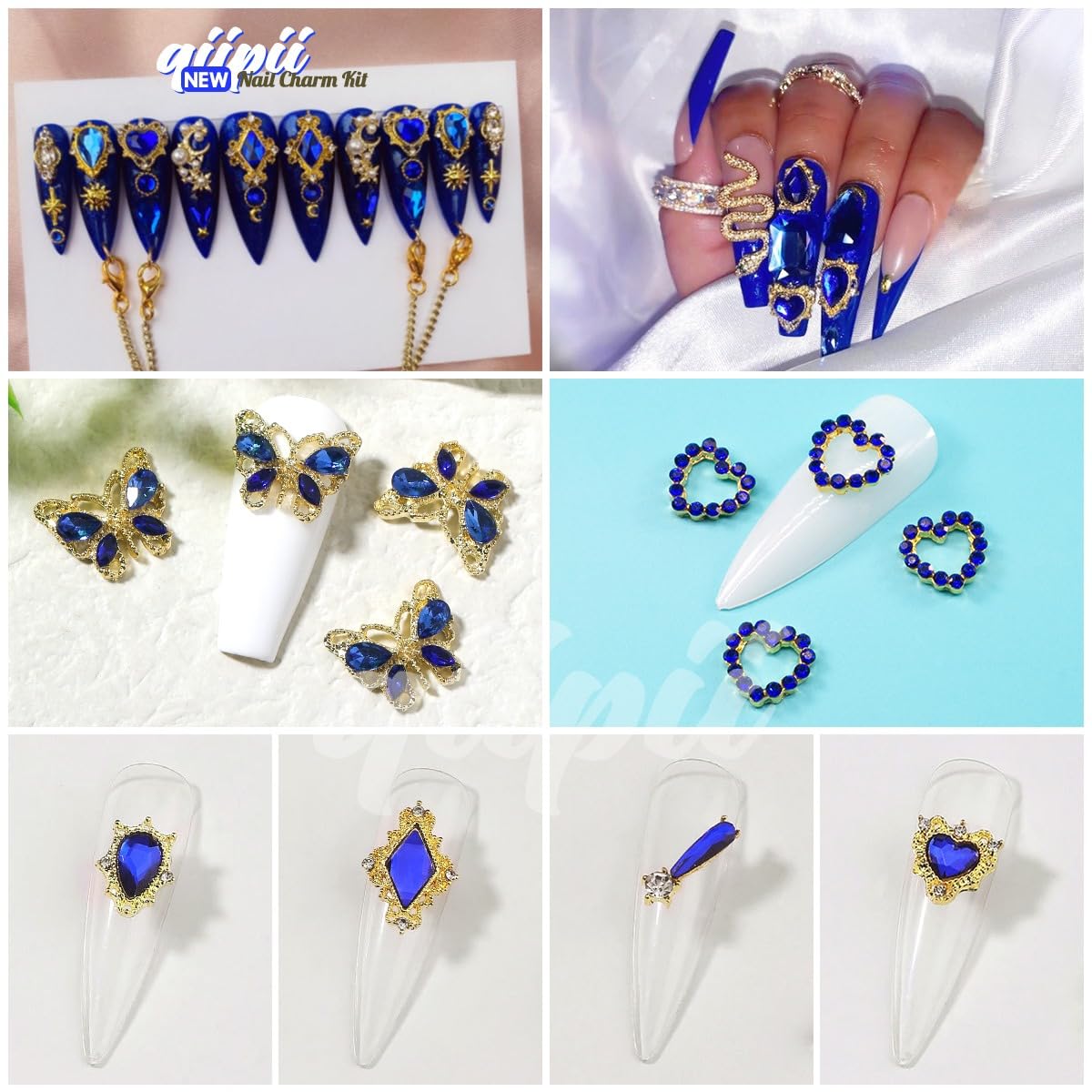 24pcs Blue Nail Rhinestones Luxury Nail Charms Sapphire Heart Charms for Nails 3D Big Royal Blue Nail Gems Crystals Diamonds Jewelry Stones Alloy Nail Art Studs Nail Art Decor for Arylic Nails Crafts
