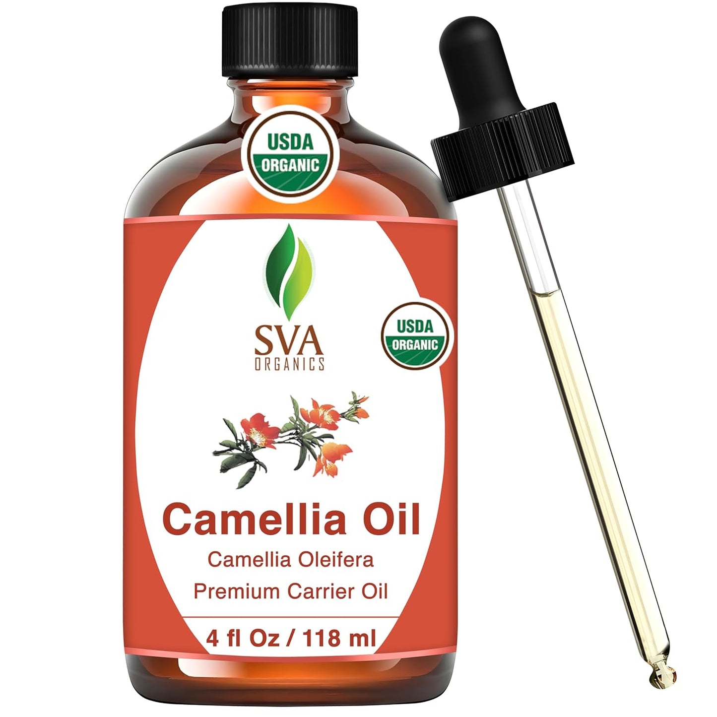 SVA Camellia Seed Oil Organic - 4 Fl Oz – 100% Natural Cold Pressed Organic Camellia Oil - for Face, Skin Care, Hair Care, Scalp Massage & Body Massage – Carrier Oil with Dropper