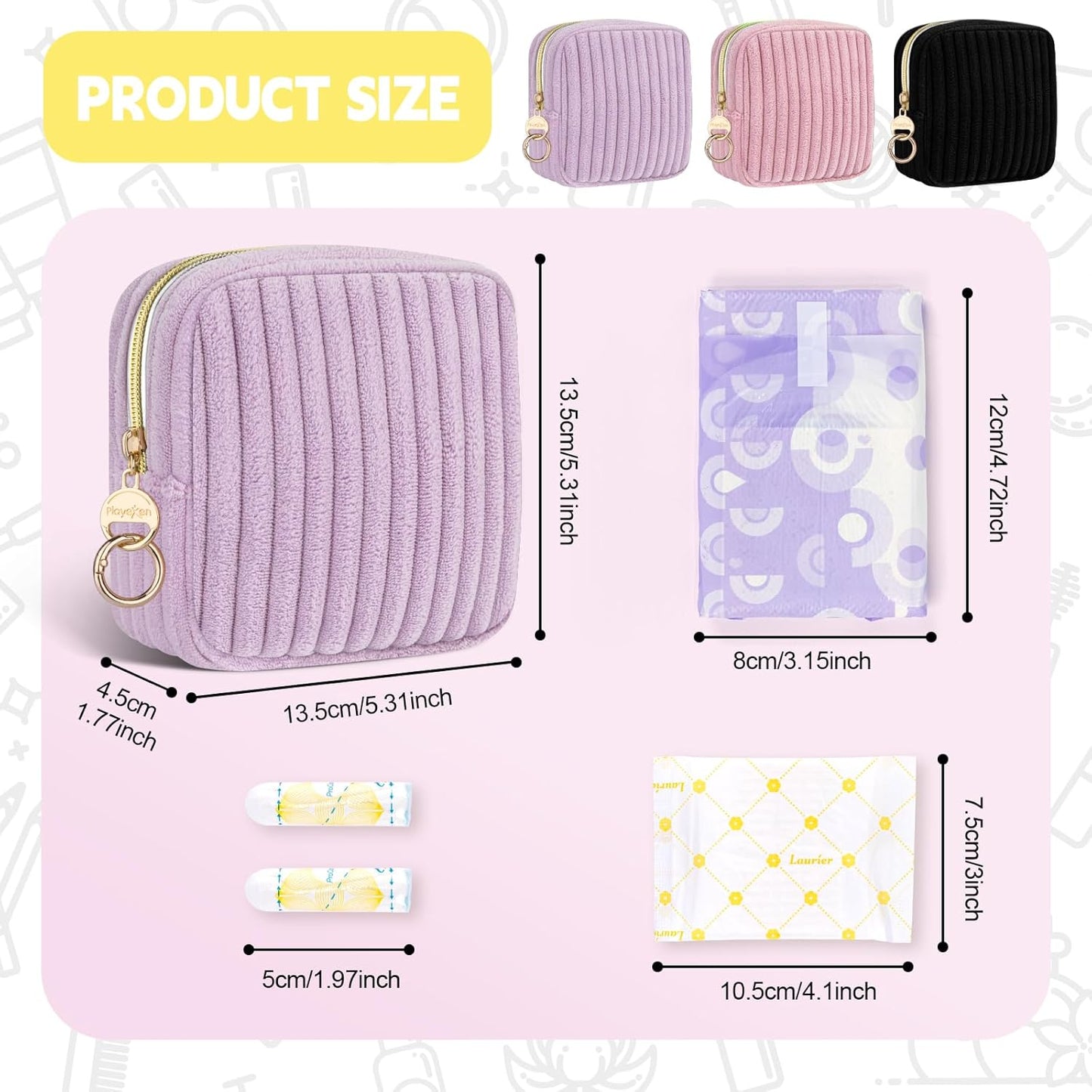 Period Bag for Teen Girls, Corduroy Sanitary Napkin Storage Bag, Fluffy Menstrual Pad PouchTampon Holder for Purse (Purple)