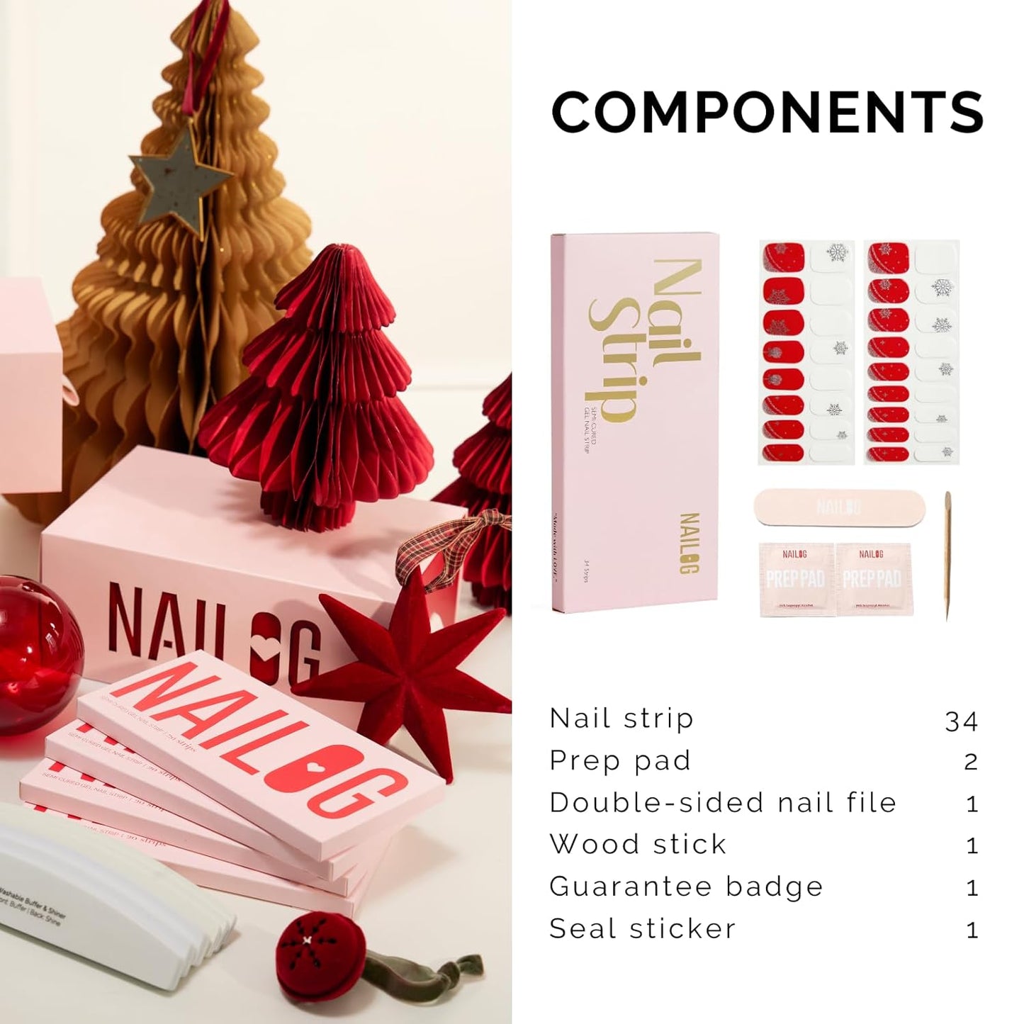 Semi Cured Gel Nail Strips - NAILOG 34 Pcs Gel Nail Stickers for Christmas Day | Buy 2 Get 1 UV Light | Long Lasting Nail Wraps with Glossy Gel Finish Red, Holly Jolly