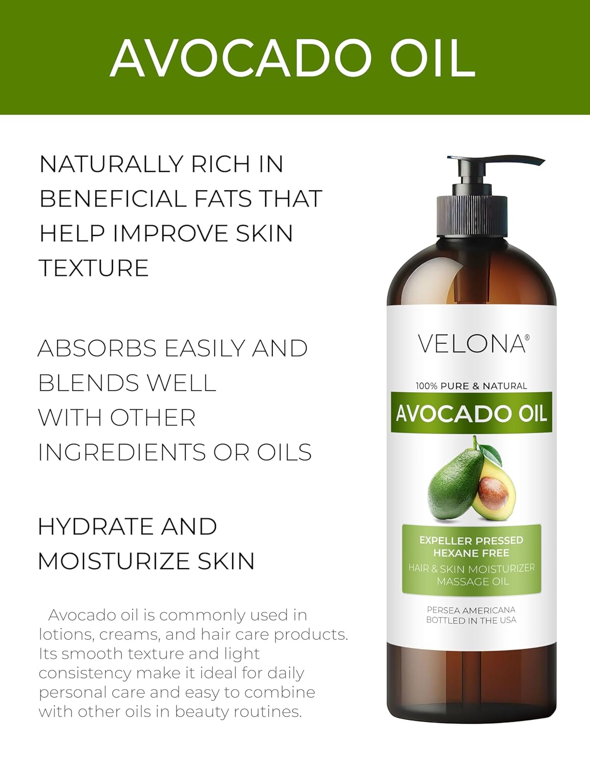velona Avocado Oil 32 Fl Oz | 100% Pure and Natural Carrier Oil | Expeller-Pressed | Hair, Body and Skin Care | Use Today - Enjoy Results