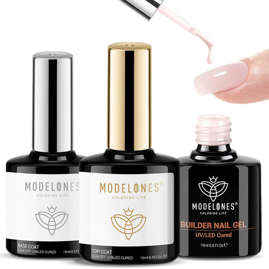 modelones Top Coat with Builder Nail Gel, Nude Pink Color Builder Top Nail Kit for Apex Building Thickening Extension, LED Lamp Cured Color Base Shine Finish Top Coat 10ml Home DIY Salon