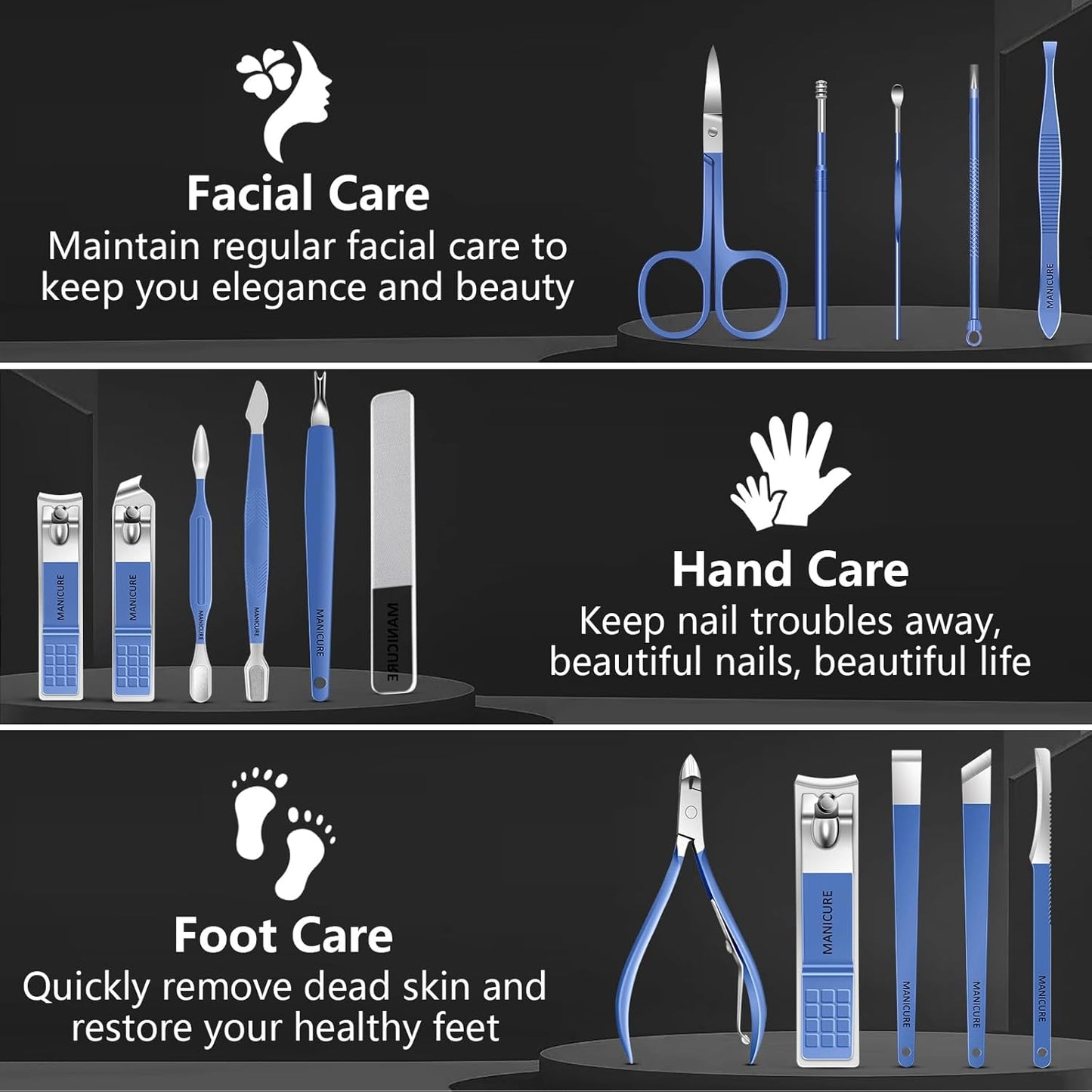 Manicure Set 16Pcs Nail Clippers Set Manicure Kit Professional Stainless Steel Pedicure Kit Nail Care Kit for Women Men with Luxurious Travel Bag, Suitable for Home, Travel, and Salon (Blue)