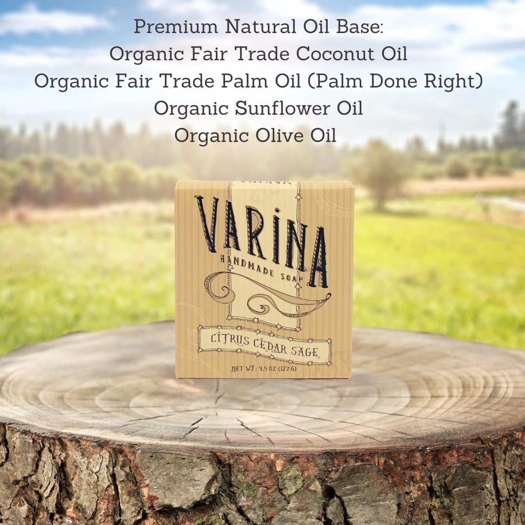 Varina Organic Citrus Cedar Sage Bar Soap - Gentle Cleansing for Sensitive Skin, Earthy Scents - 3 Pack - Experience Healthy and Glowing Skin