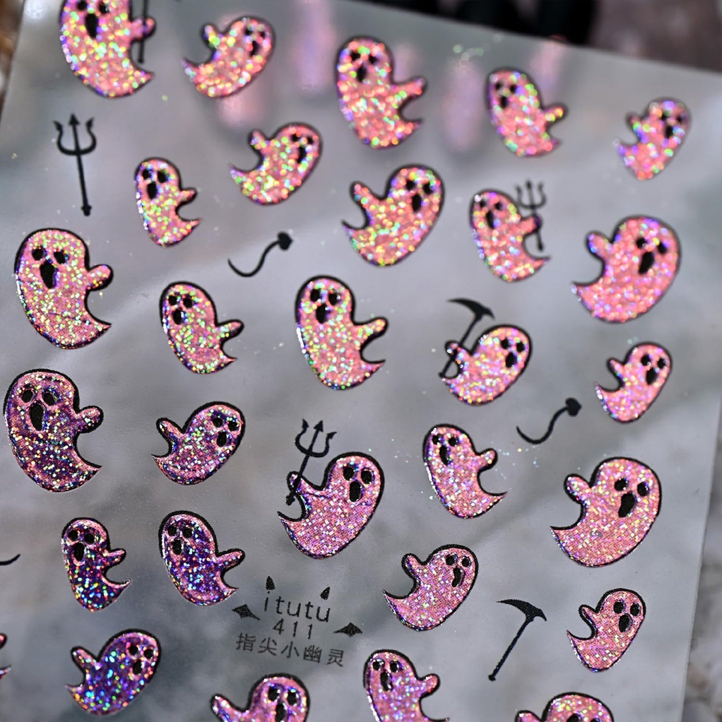 Halloween Nail Stickers for Nail Art Colorful Glitter Pink Cute Ghost Nail Art Stickers 5D Embossed Nail Decals 3D Self-Adhesive Nails Supply Manicure Sliders for Nails Decoration