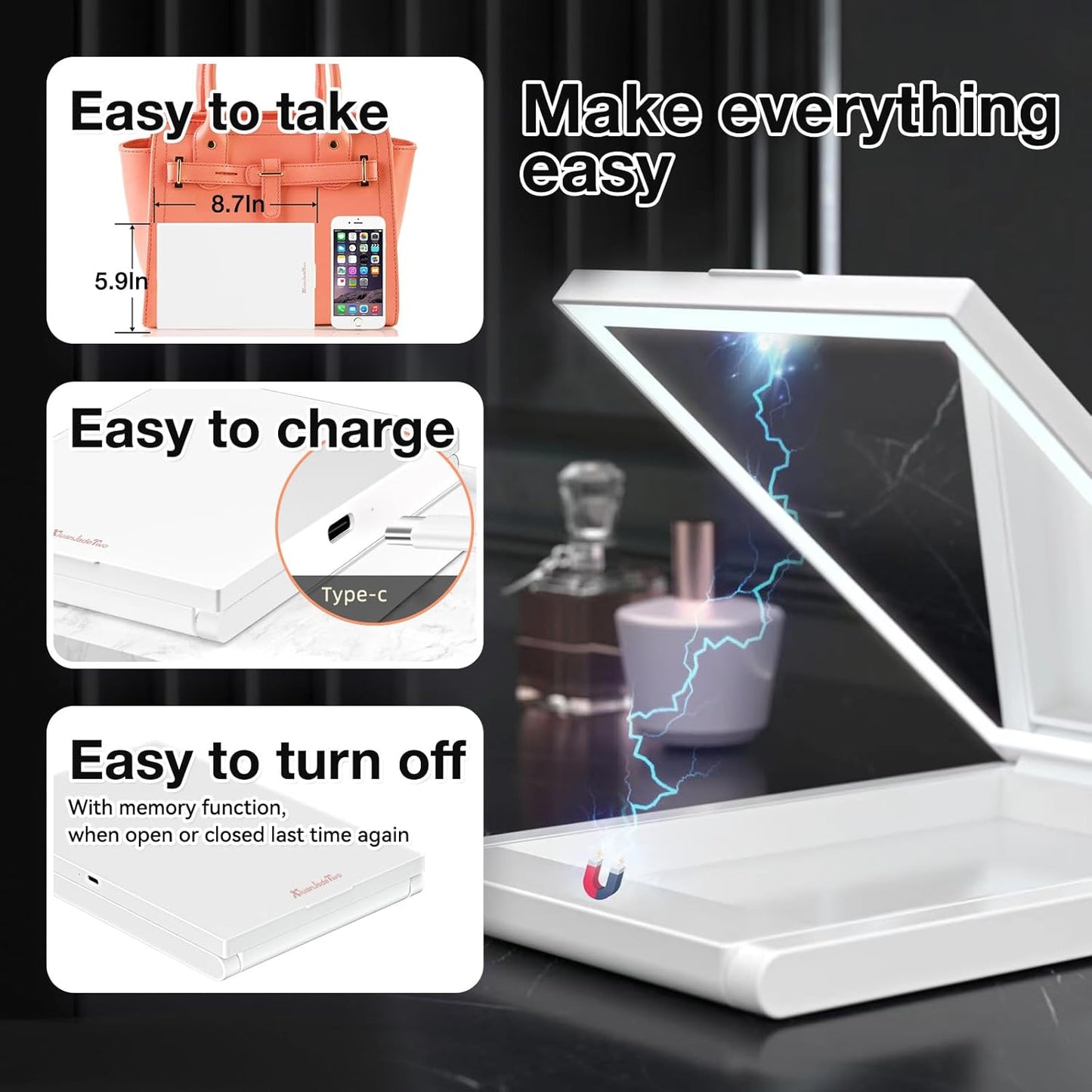 Travel Makeup Mirror with Lights - 3 Color LED, USB Rechargeable, 10X Magnifying, Adjustable Height, 360 Rotation, Compact Folding Touch Screen Smart Cosmetic Mirror